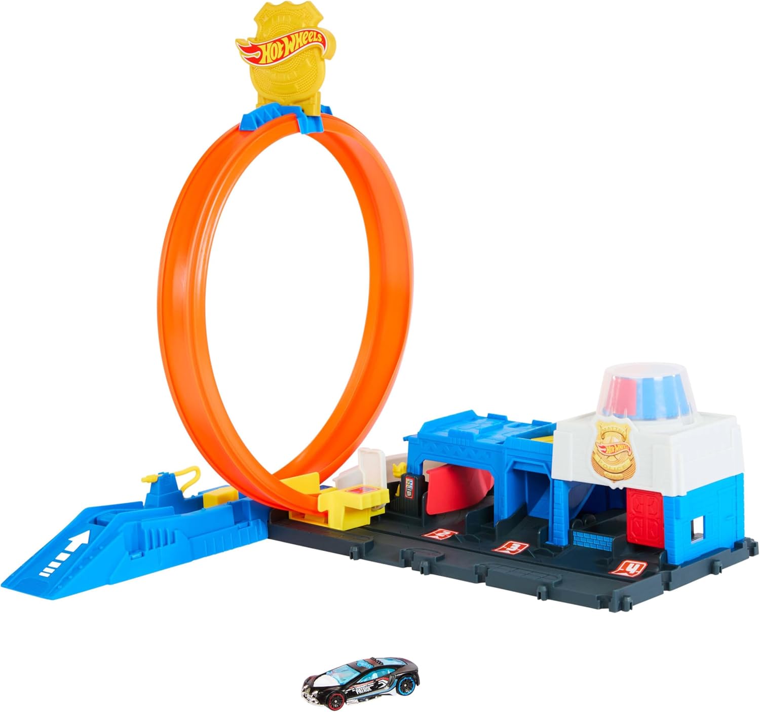 Hot Wheels Toy Car Track Set, Super Police Station Playset with 1:64 Scale Die-Cast Vehicle, Adjustable Loop for Multiple Ways to Race & Stunt, JBM71