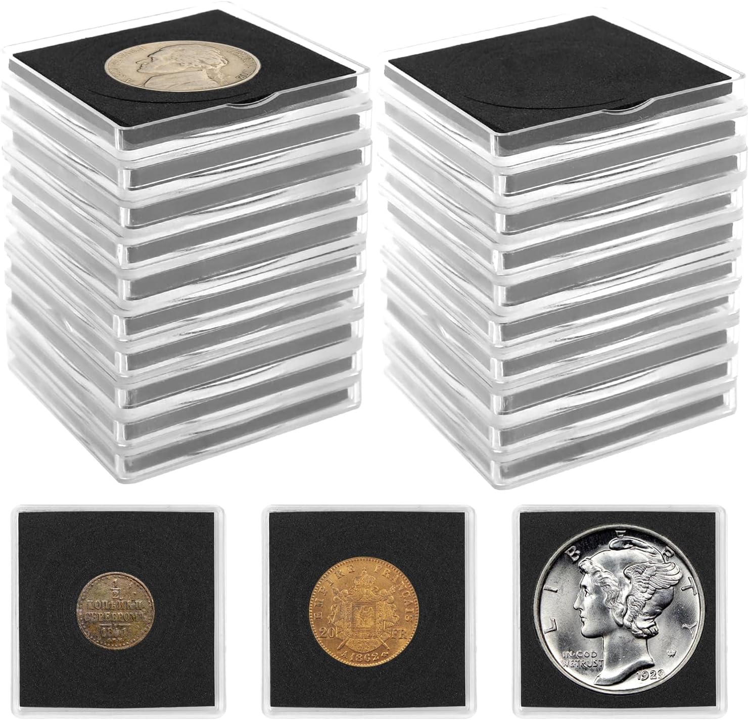 20 Pcs 5x5cm Coin Cases, Clear Adjustable with Foam Pads (17.5–40mm), Bulk Coin Display for Collectors