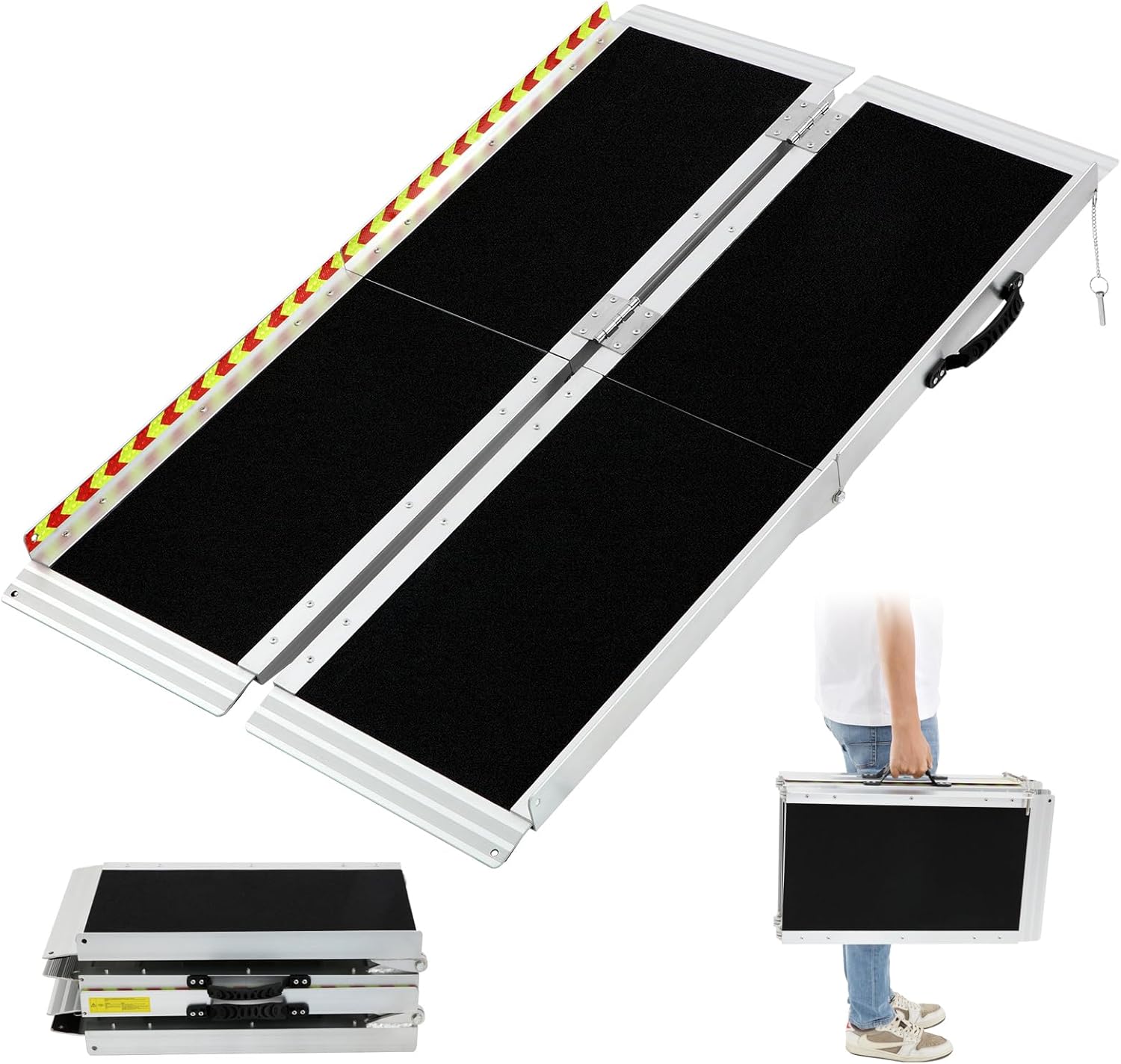 Wheelchair Ramp,1.525m Folding Portable Aluminum Ramp, 362kg Capacity,with Transition Plate and Reflective Warning Stickers, for Wheelchair Scooters Power Chairs Walkers Metallic
