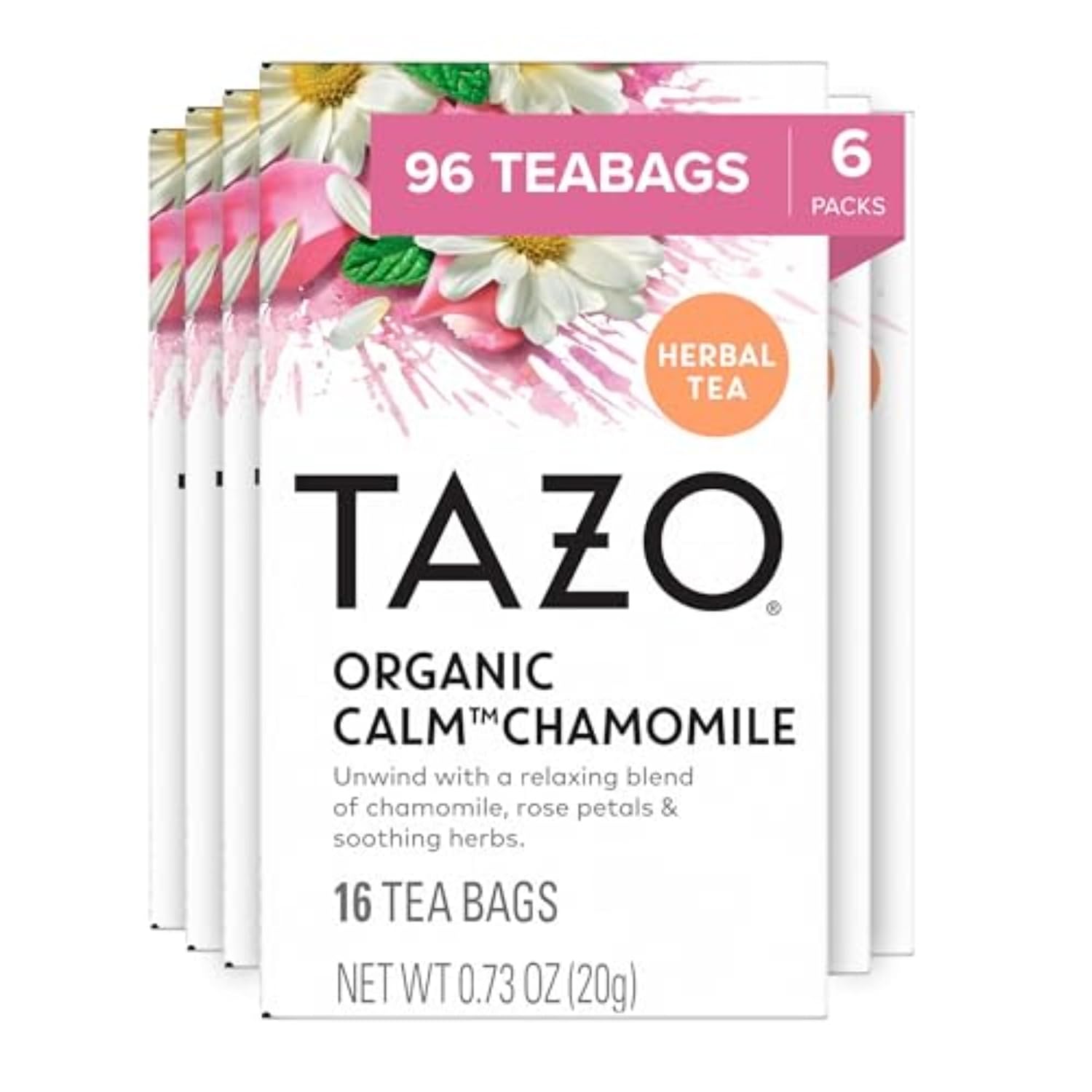 TAZO Calm Chamomile Herbal Tea Bags, 96 Count (16ct - 6-Pack) | Chamomile Herbal Tea with Hibiscus, Spearmint, Rose Petals, Lemongrass and Peppermint - Caffeine Free for a Relaxing Bedtime