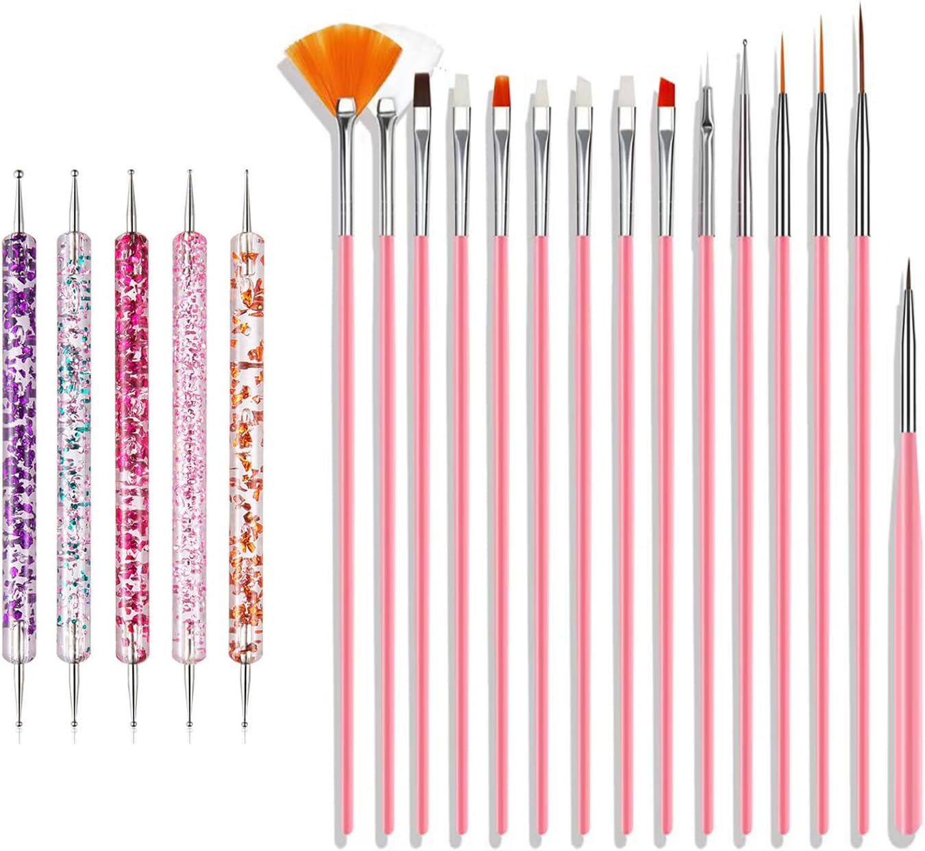 Nail Art Brushes Set, 20pcs Nail Design Painting Brushes, Professional Nail Art Design Brushes, Nail Fine Liner Brushes, Pink