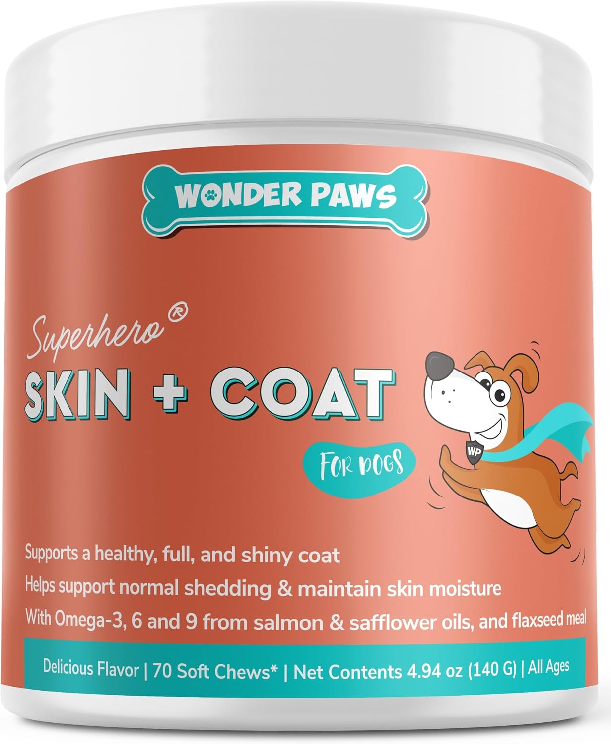 Wonder Paws Skin & Coat Supplement for Dogs with Salmon Oil, Omega 3 & 6, EPA & DHA, Promotes Healthy Skin and Coat, Itchy Relief, Joint and Overall Health, Delicious Flavor, 70 skin & coat Soft Chews