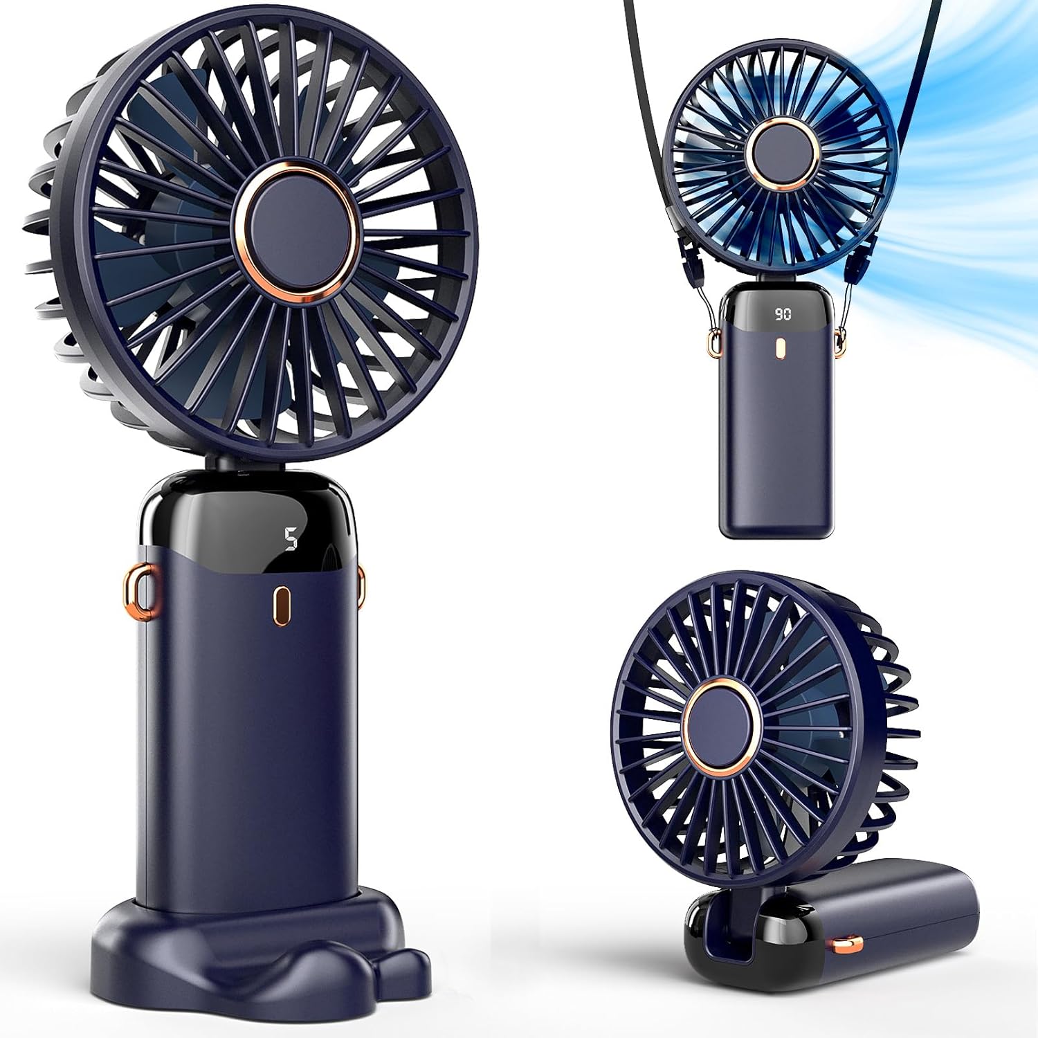 Koonie Portable Handheld Fan, Battery Operated Fan with Base, 8 Hours, Digital Display, 5 Speeds, 90° Ajustable, Rechargeable Mini Fan for Outdoor Indoor (Dark blue)