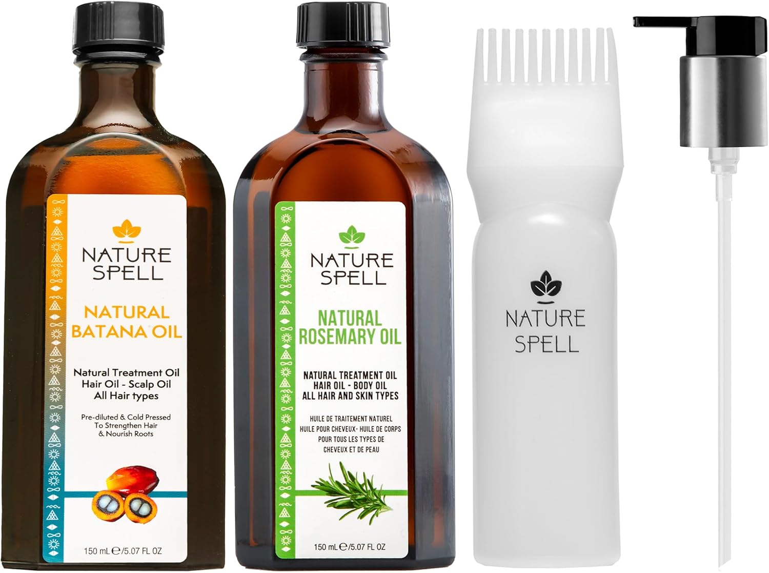 Nature Spell Rosemary Oil & Batana Oil Hair Care Set For Hair Growth, Scalp & Hair Strengthening Duo, With Applicator & Pump, 2 x 150ml