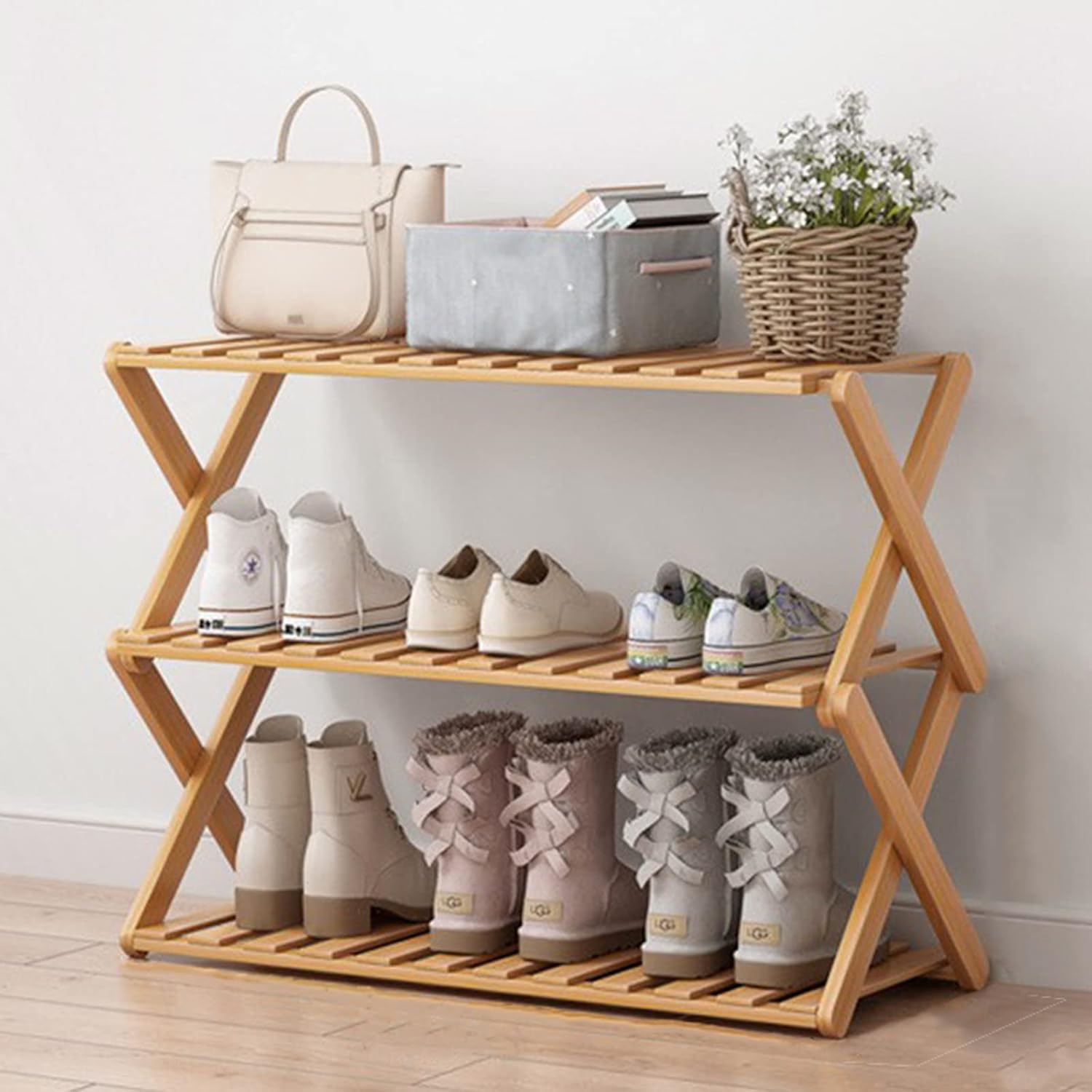 Glsety 3 Tier Bamboo Shoe Rack,Portable Folding Shoe Storage Rack,Without Installation Small Shoe Rack Perfect for Corridors, Bedrooms and Small Spaces (3 Tier)