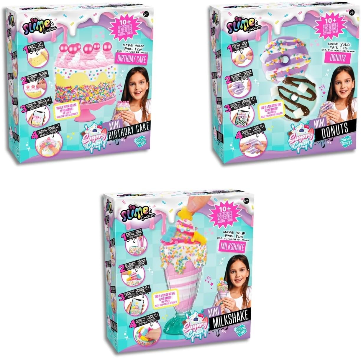So Slime Sensations Sugary Crush Mini Assortment - Donut, Birthday Cake, Milkshake - Make, Decorate, Share + Crush - Each Kit Includes All The Slime Ingredients You Need, For Ages 6+