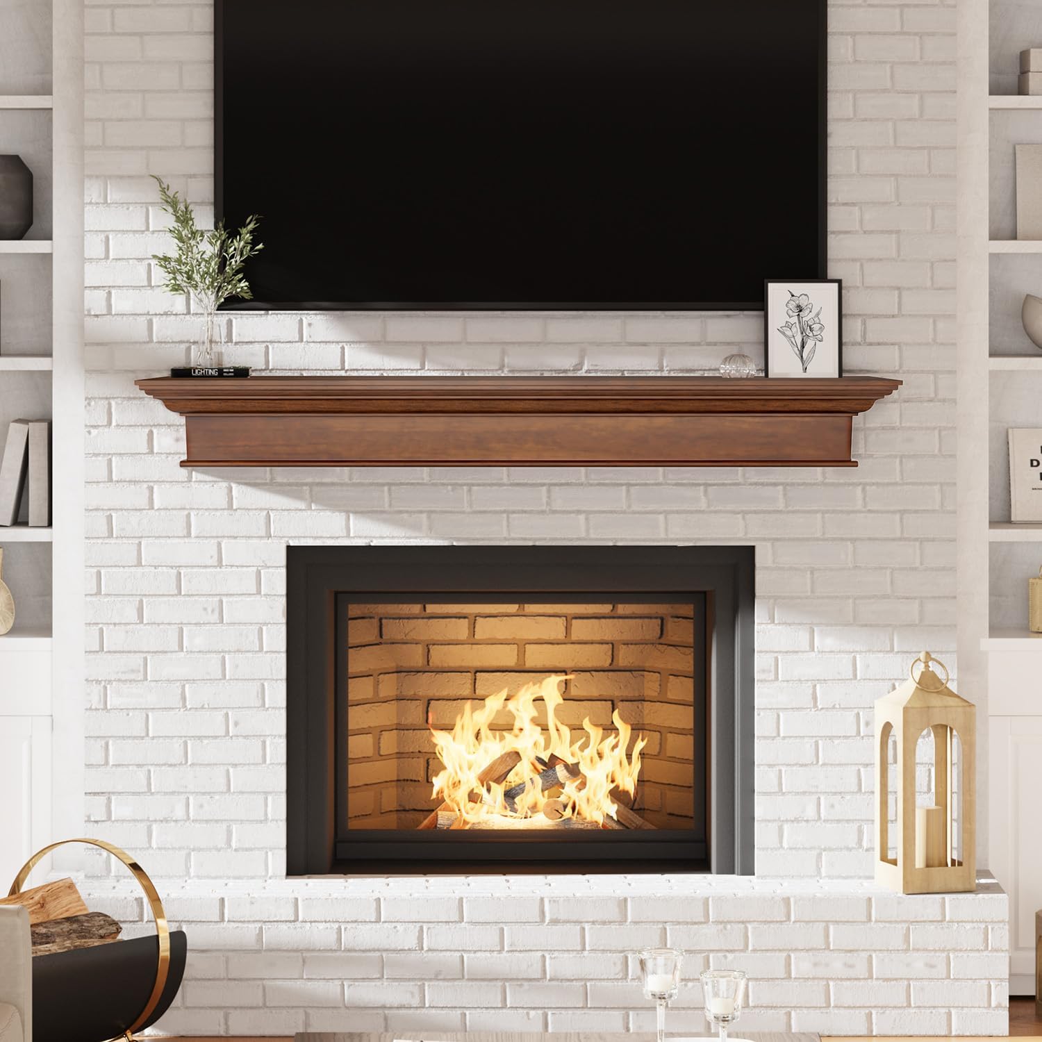 Fireplace Mantel - Handcrafted 60 Inch Floating Shelf for Over Fireplace, Faux Fireplace Mantel with Invisible Heavy Duty Wood Bracket, Walnut, 60 X 9 X 8