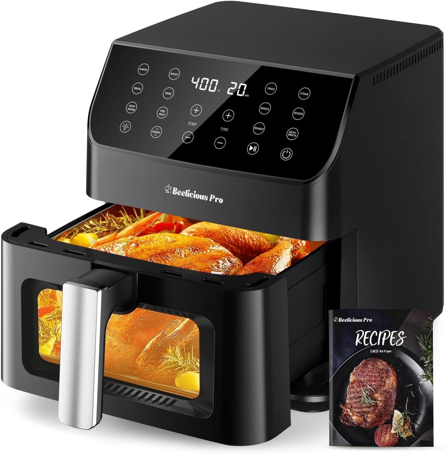 Beelicious 5.8QT Large Air Fryer, 12-in-1 Digital Airfryer with Clear Window, 40+ Recipes, Flavor-Lock Tech, Shake Reminder, Compact, Quiet, Dishwasher Safe, Nonstick, Fit for Family of 2-5, Black