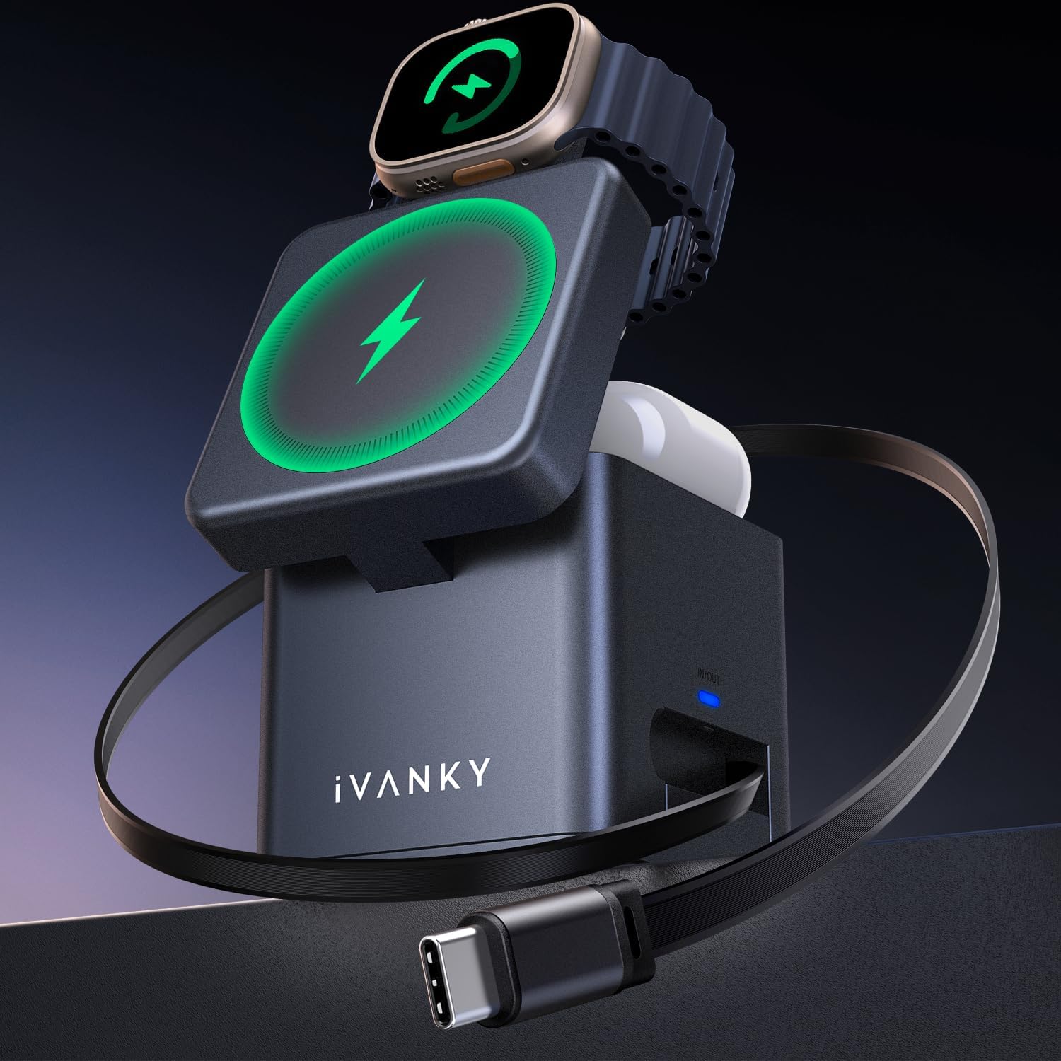 iVANKY for iPhone 16 Pro Max 5 in 1 Wireless Charging Station Cube with Retractable Cable Cord for MagSafe Magnetic Charger, 65 W Travel Stand Fast Charge Multiple Devices, Apple iWatch Ultra, Airpods