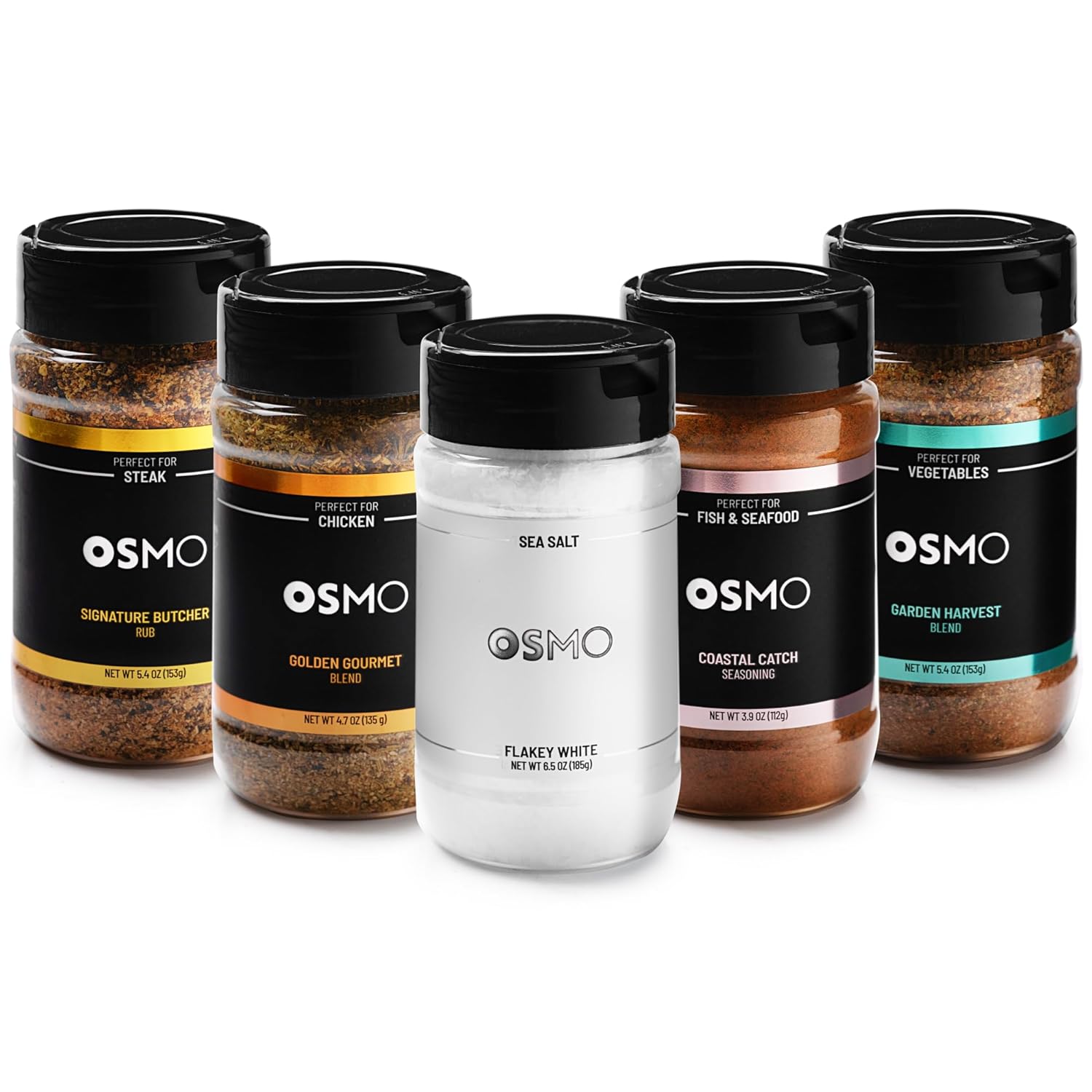 Osmo Seasonings and Sea Salt Bundle, Flakey White Sea Salt, Signature Butcher Rub, Golden Gourmet Blend, Coastal Catch Seasoning & Garden Harvest Blend (Pack of 5)