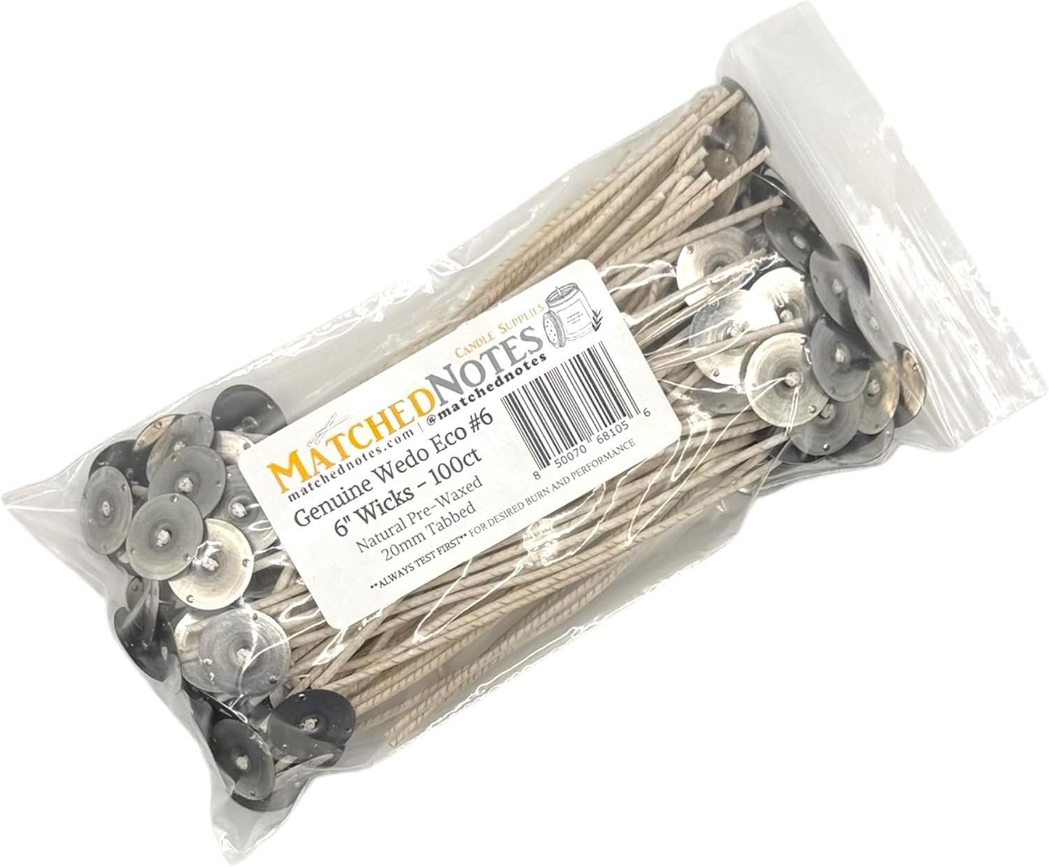 100ct Genuine Eco 6 Candle Wicks - 6" Length - 20mm Wick Tab - Natural Wax Coating - Top Selling Wick