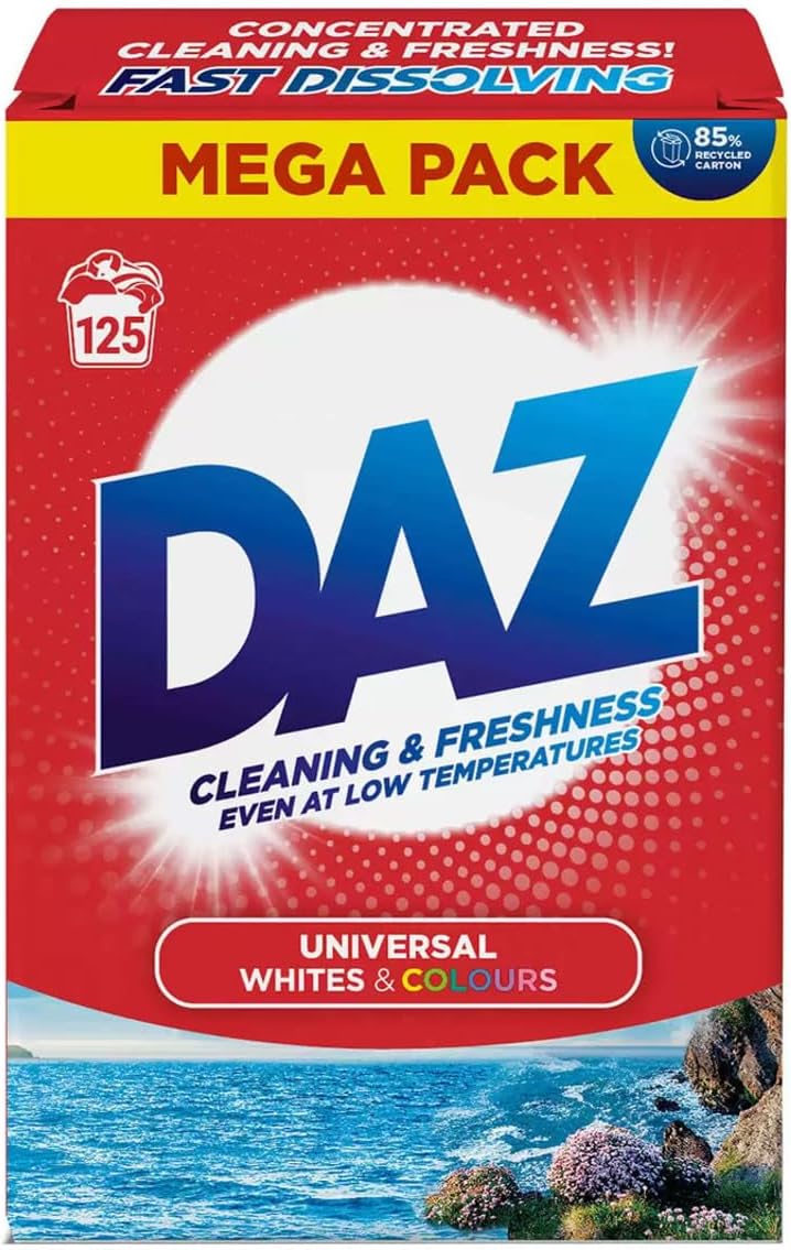 Daz Washing Powder 125 Washes – Family Pack Laundry Detergent for Brilliant Whites & Powerful Stain Removal – Long Lasting, Fresh Scent. 6.25kg