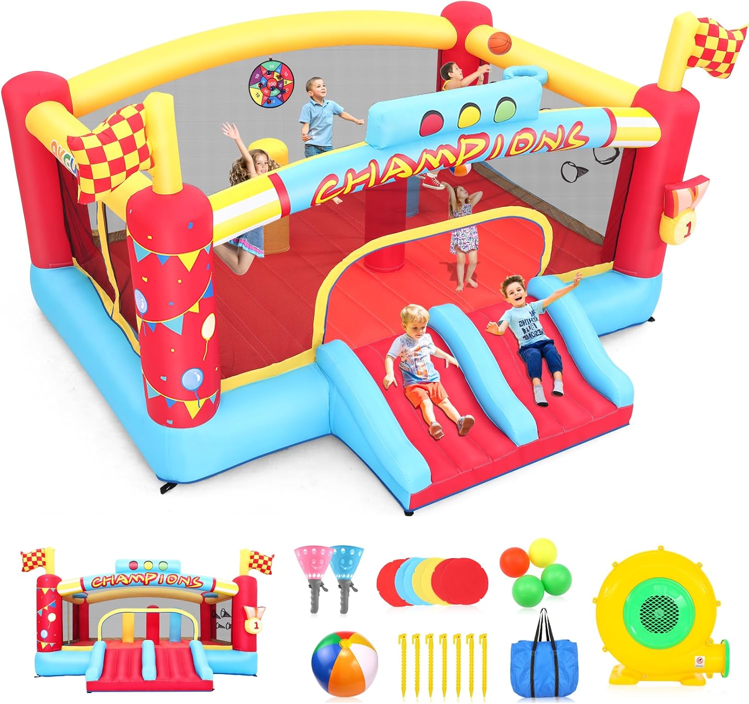 AKEYDIY Inflatable Obstacle Course Bounce House for Kids, 13.12FT x 11.16FT Racing Party Bouncy House for Kids 3-12 w/Large Jumping Area, Basketball Hoop & Racing Slide, Target Toss Game, 550W Blower