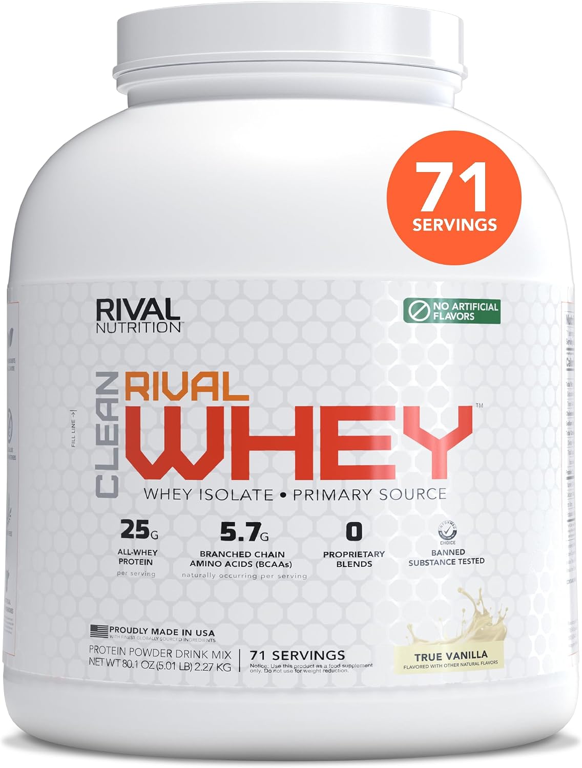 RIVAL NUTRITION Clean Rival Whey – 5LB, True Vanilla – 100% Whey Isolate Primary Source Protein Powder | 25g Protein for Muscle Gain & Recovery | All Natural, No Artificial Ingredients - 71 Servings