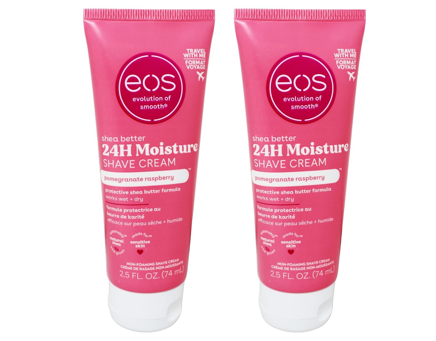 EOS Shea Better 24-Hour Moisture Non-Foaming Travel Size Shave Cream, Pomegranate Raspberry, Works Wet and Dry, Sensitive Skin, Natural Shea, 2.5 oz (Pack of 2)