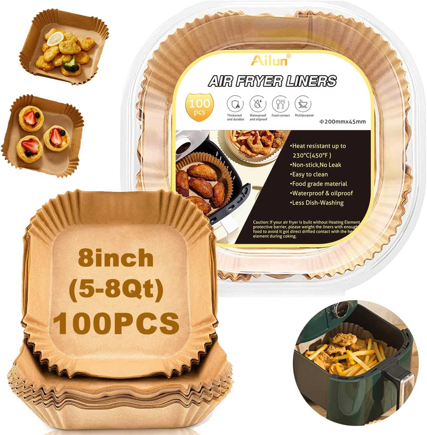 Ailun Air Fryer Paper Liners 8inch, 100PCS Non-Stick Parchment Paper,Oil Resistant,Disposable Food Grade Free of Bleach Paper Square for 5-8 QT Air Fryer Baking Roasting Microwave