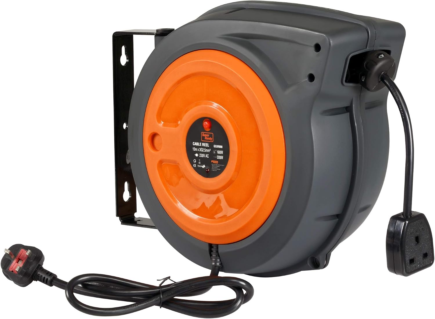 SuperHandy Cord Reel Retractable Extension Extra Long 15m (50ft) x 3G2.5mm² H05VV-F 3200W Max Industrial Polypropylene Ultra Heavy Duty Commercial Premium Grade Cable (UK Plug& Socket)