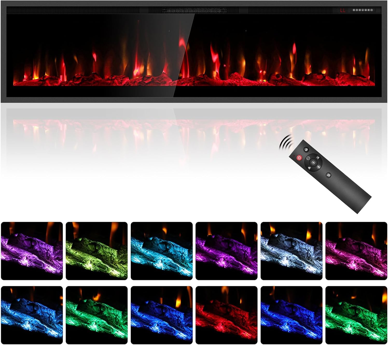 60'' Electric Fireplace Heater, Wall Mount/Recessed, 1500W & 750W Modes, 7 Flame & 12 Ember Colors, Remote & Touchscreen Control, 8H Timer, 40dB Ultra-Quiet, Cool-Touch Glass, UKCA/CE Certified