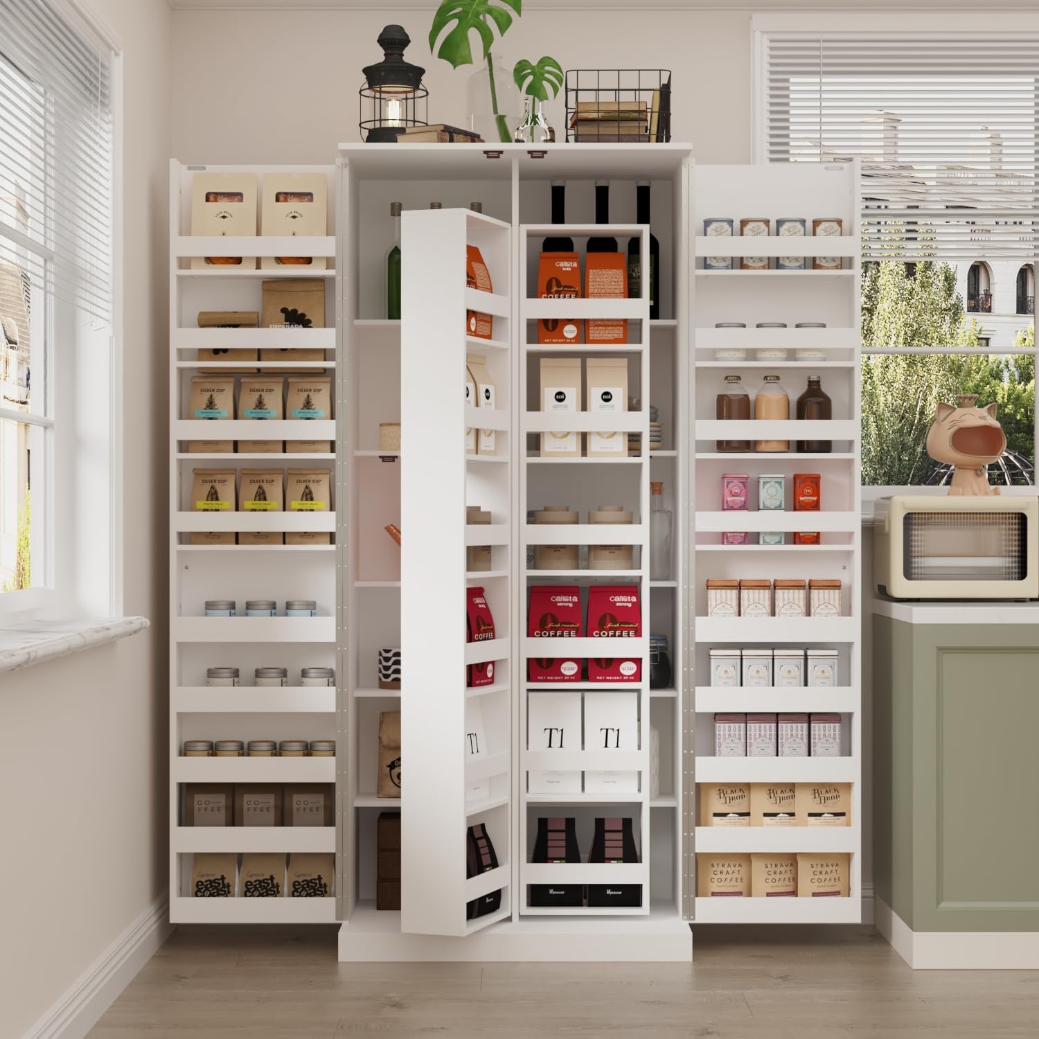 72.2" Tall Kitchen Pantry Cabinet, Kitchen Food Storage Display with Swivel Rack & Hanging and Adjustable Shelves, Easy Open Door, Dining Room Cupboard Bar Cabinet, White
