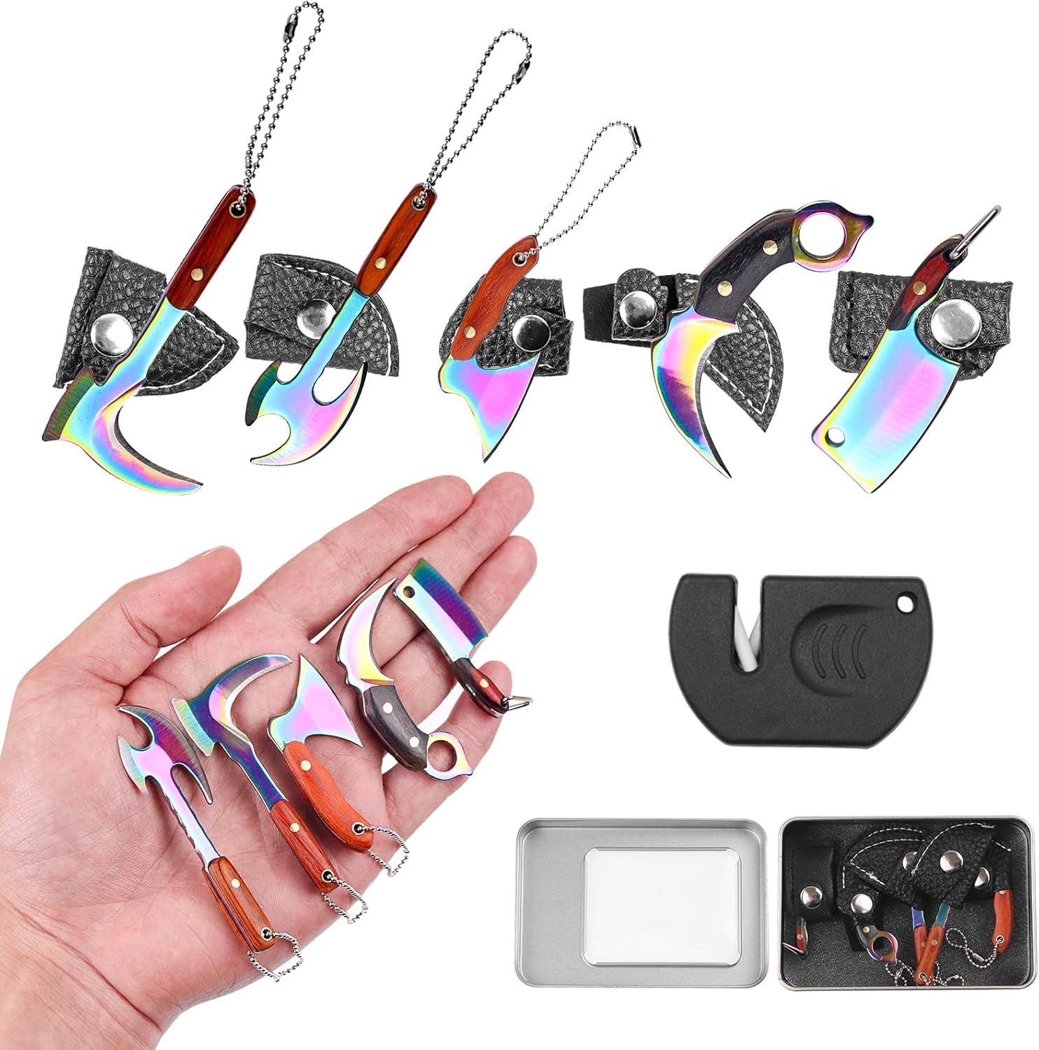Mini Knife Set Tiny Knife EDC Knife for Package Opener, Letter Opener, Collection, Mini Knives Set with Sheath and Sharpener(Rainbow-5Pcs)