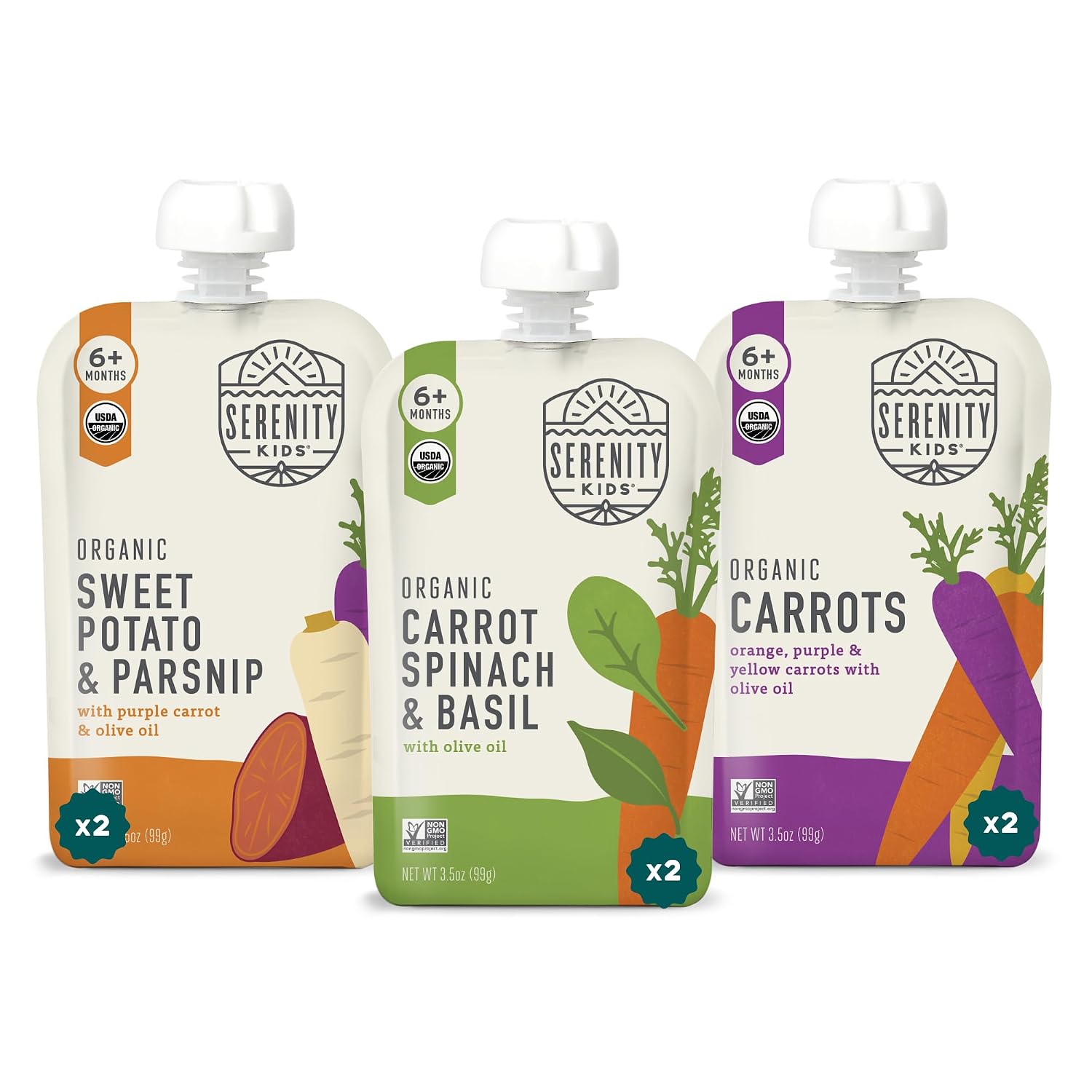 Serenity Kids 6+ Months Baby Food Pouches - USDA Organic Baby Snacks - 100% Veggie Pouches - No Added Sugar Toddler Food - Garden Veggies Variety Pack, 3.5 Oz, Pack of 6