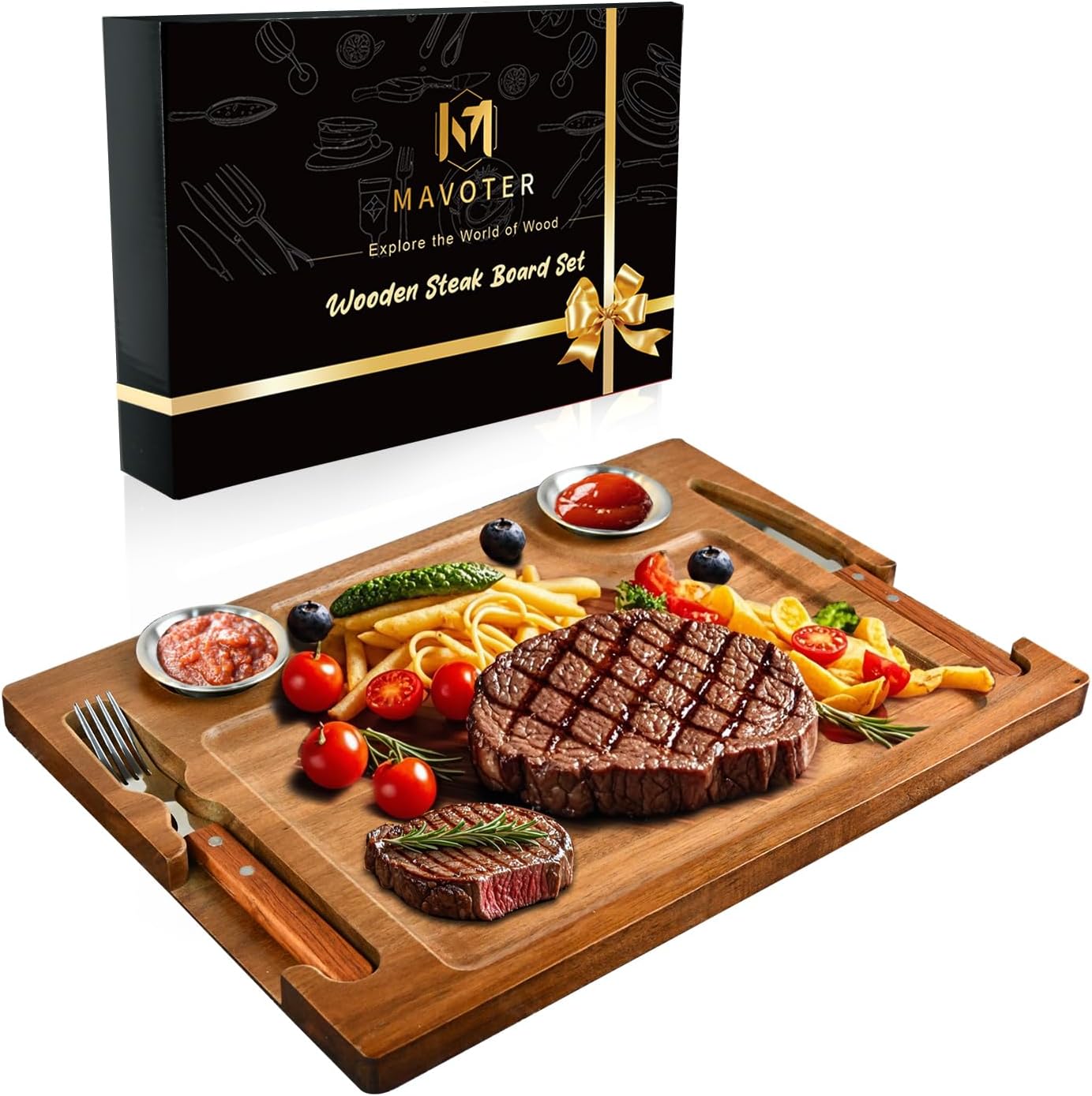 Acacia Wooden Steak Board - Steak Plate Cutting Board with Fork, Knife and Ramekins Wood Serving Board for Home 15.7 Inches (1 Set)