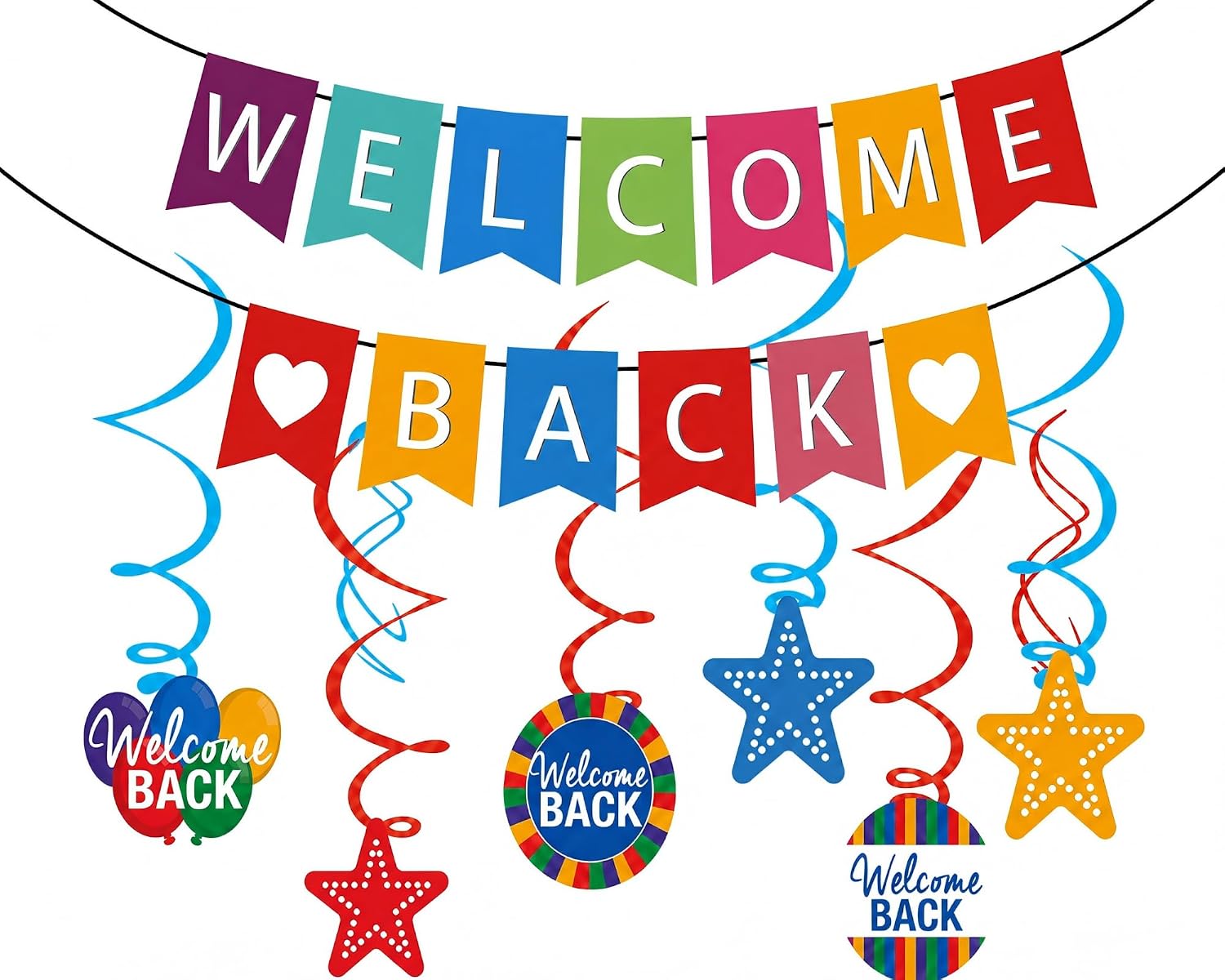 Welcome Back Decorations with Welcome Back Banner and 6 Hanging Swirls