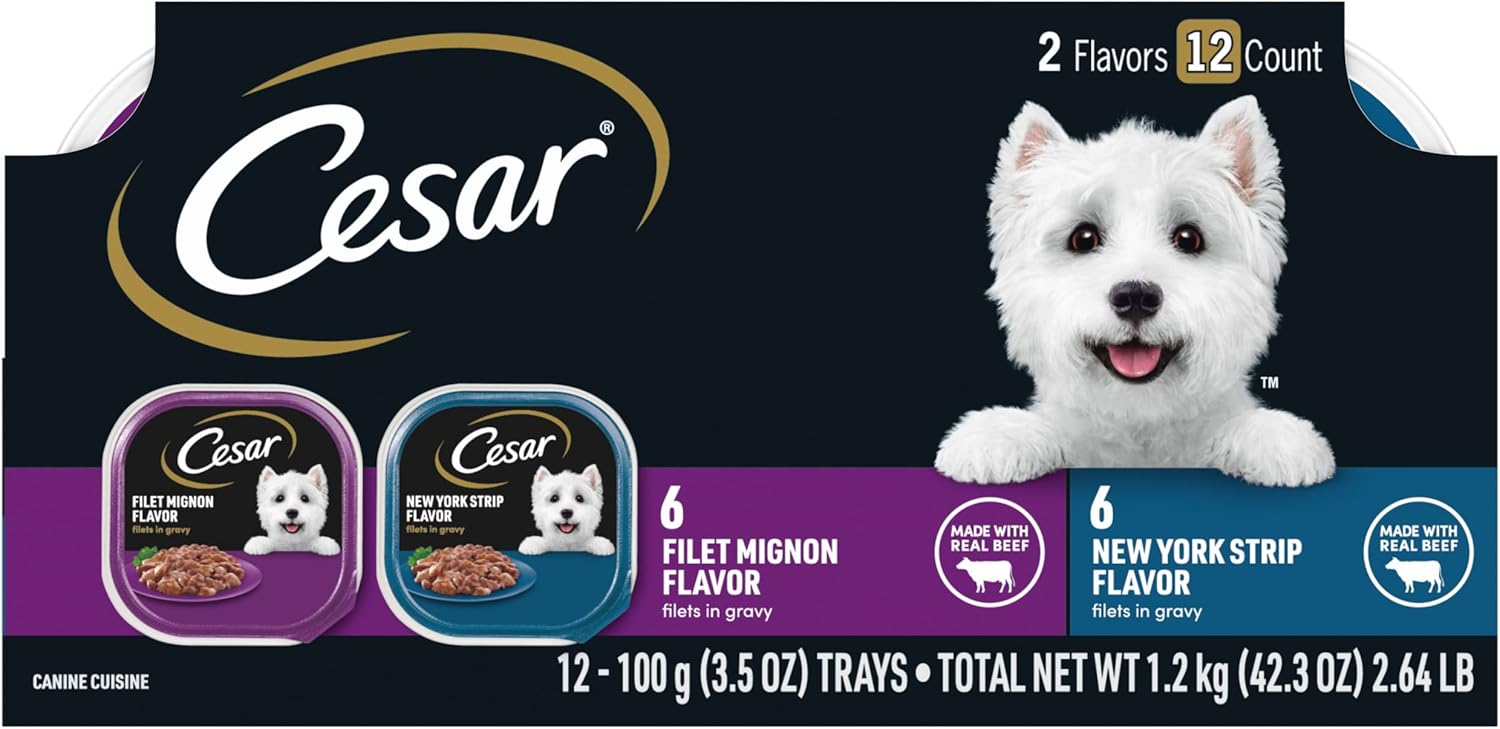 Cesar Filets in Gravy Adult Wet Dog Food, Filet Mignon and New York Strip Flavors Variety Pack, 3.5 oz. (12 Count, Pack of 1)