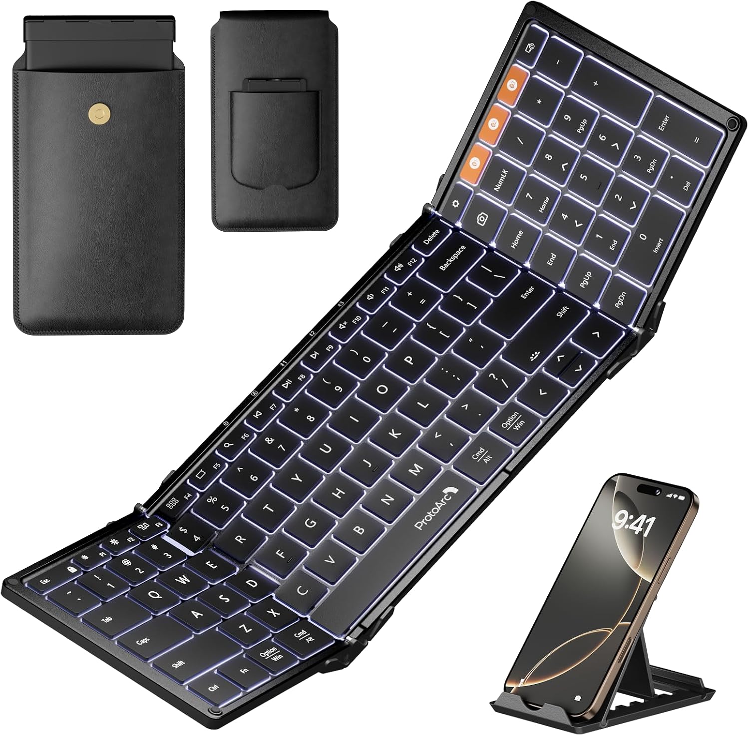 ProtoArc XK01 Plus Backlit Foldable Keyboard, 105-Key Full-Size, Black | 0.65 in Keycaps, Number Pad, 3-device Bluetooth 5.1 Switching, USB-C Charging, for Travel Business Night Workers