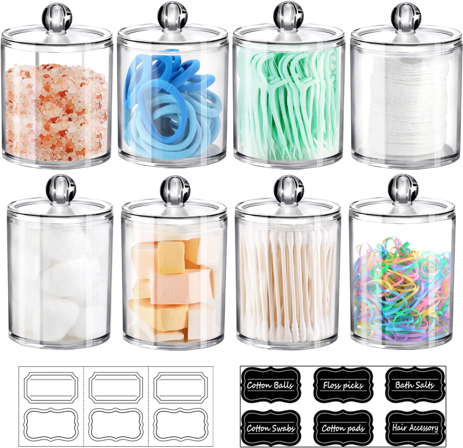 SheeChung 8 Pack Acrylic Qtip Holder with Labels, Qtip Jars for Bathroom