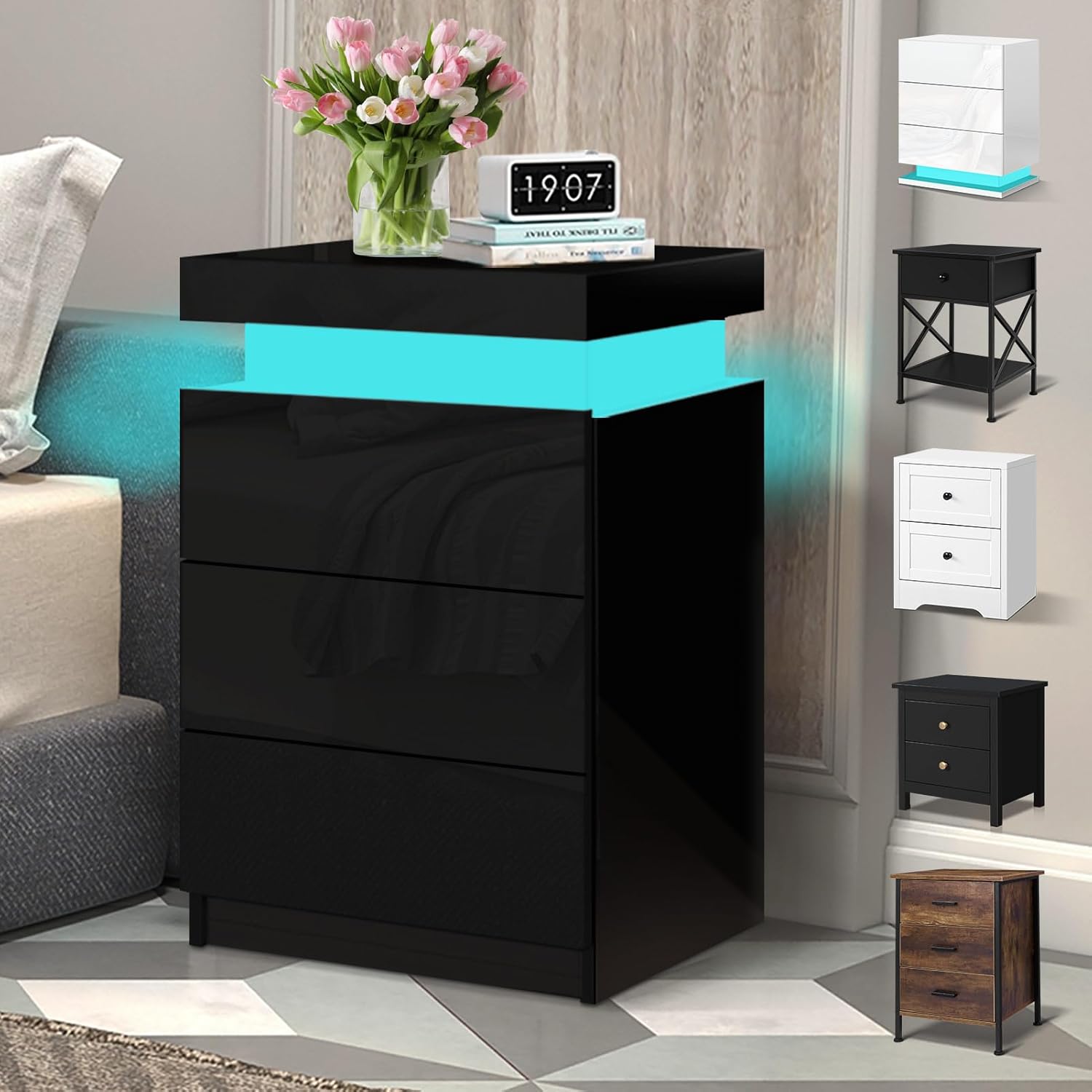 ELFORDSON LED Bedside Table with 3 Drawers and 1 Top Drawer, Bedside Cabinet with 4-side High Gloss, 16 RGB LED Colours, Side Table Nightstand for Bedroom Living Room Home Furniture, Black