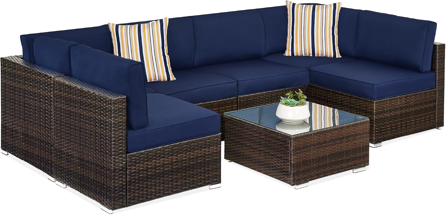 Best Choice Products 7-Piece Modular Outdoor Sectional Wicker Patio Conversation Set w/ 2 Pillows, Coffee Table, Cover Included - Brown/Navy