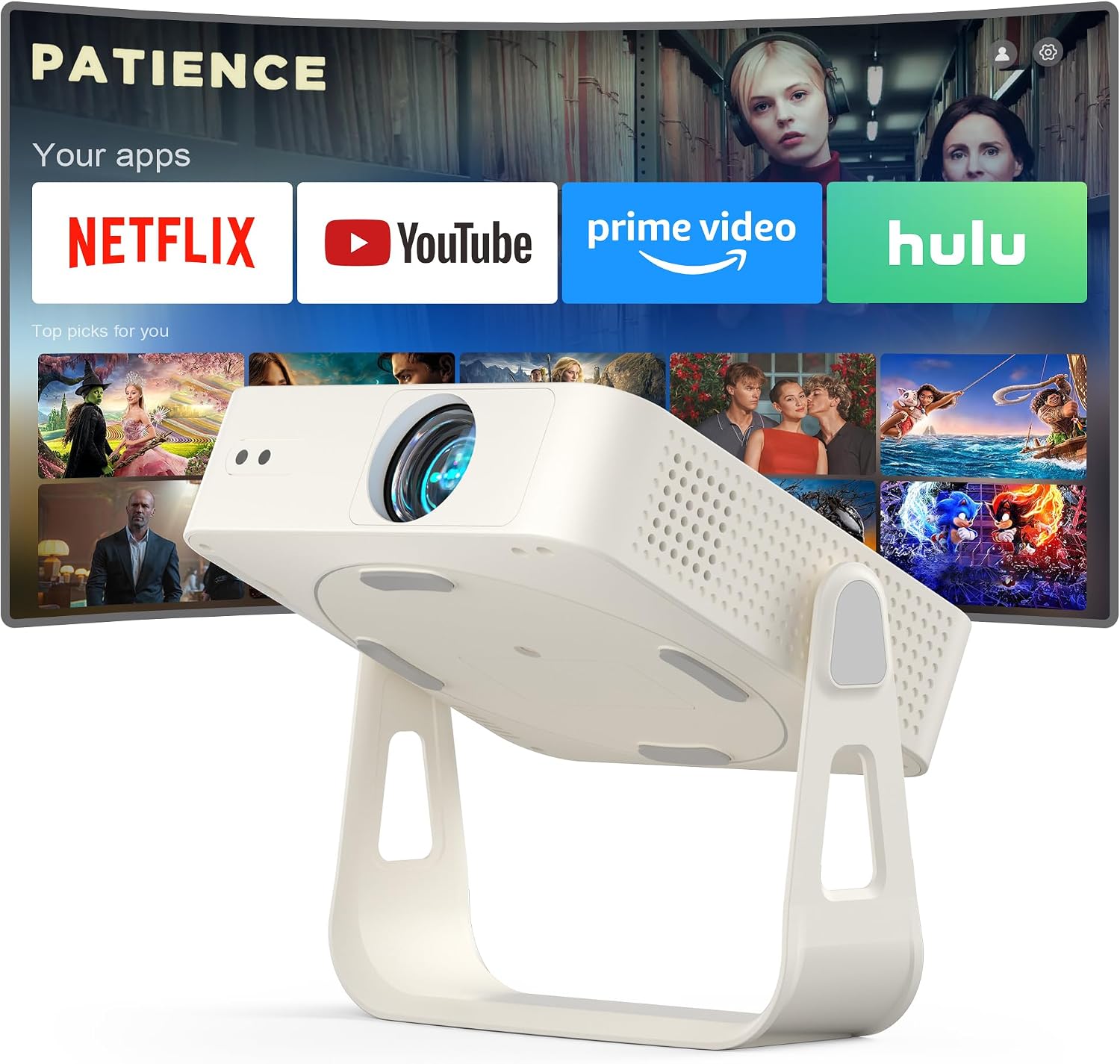 [Officially-Licensed App & Auto Focus]White Smart Mini Projector with WiFi and Bluetooth, XuanPad 4K Support Movie Projector, Portable Native 1080P Outdoor Projector with 360° Stand