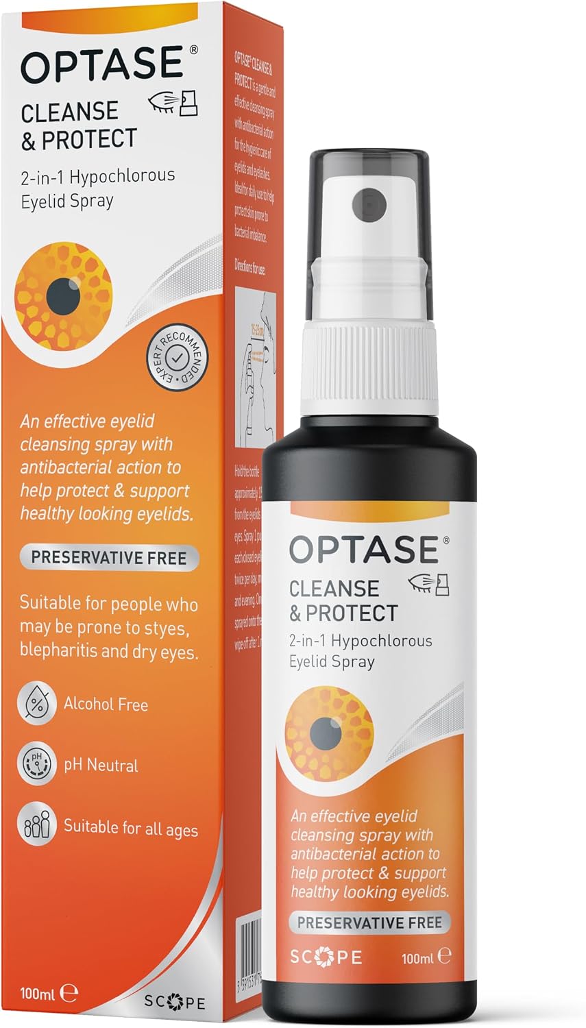 Optase Cleanse & Protect – 2-in-1 Hypochlorous Acid Eyelid Spray – for Daily Cleansing and Protection with Antibacterial Action. for Eyelids and Surrounding Skin – Preservative Free – 250 Sprays