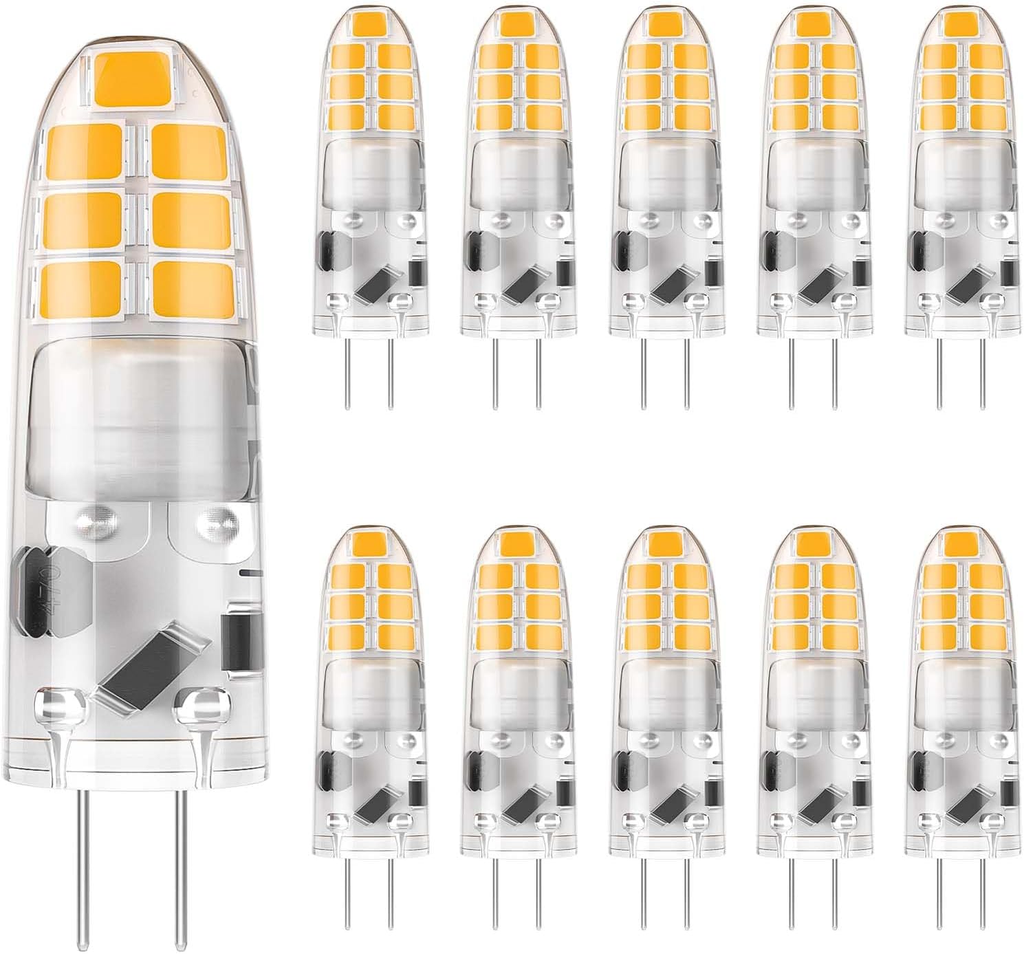 DiCUNO G4 LED Bulb 12V, JC Bi-Pin Base Light Bulbs 2W, Warm White 3000K, T3 Halogen Replacement 20W LED for Landscape Light, Under Cabinet, Chandelier, Non-dimmable, Pack of 10