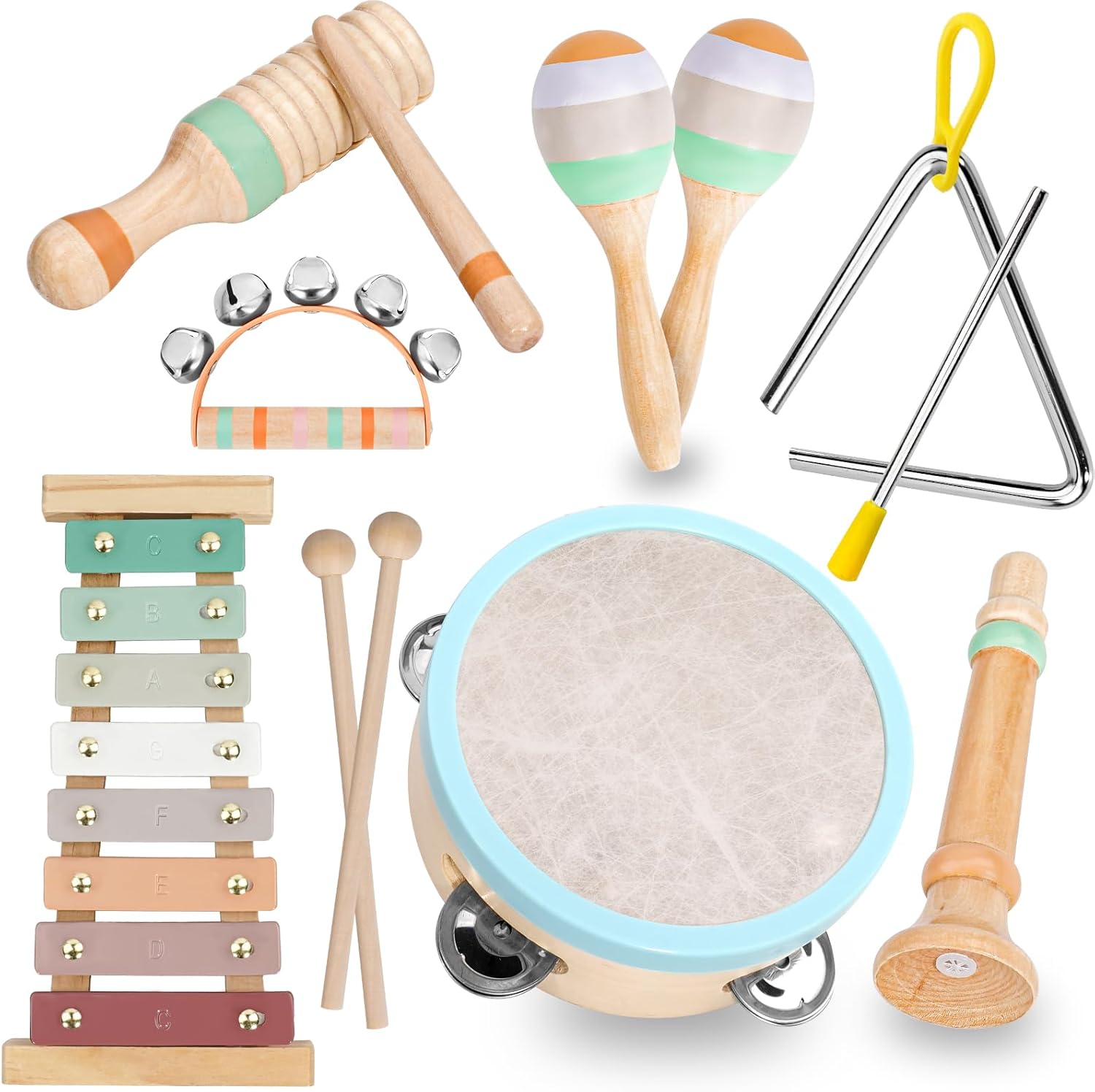 Raimy Musical Instruments Set - Neutral Colors Wooden Montessori Toys Percussion Music Modern Boho Xylophone Birthday Gifts for 1 2 3 Year Old Kids Baby Toddlers Boys Girls 3+ with Storage Bag