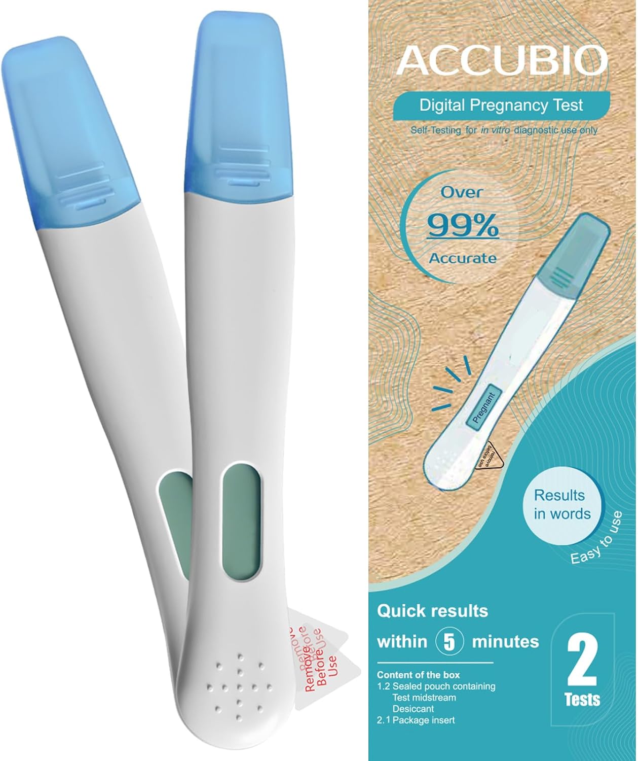 ACCUBIO Digital Pregnancy Test Over 99% Accurate, Result in Words Within 5 Minutes, HCG Pregnancy Test, Home Rapid Detection, 25miu/ml 2Tests