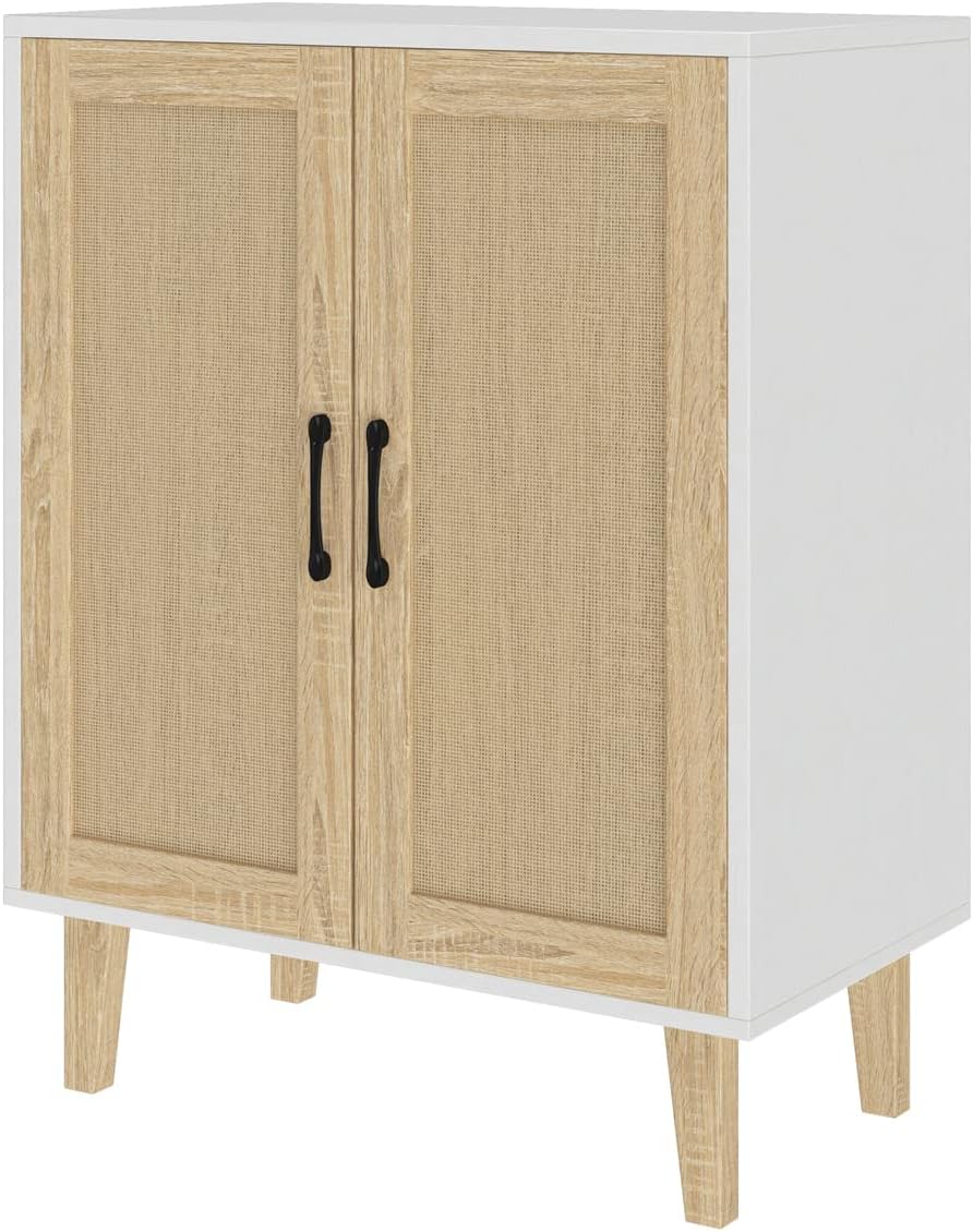 Panana Buffet Storage Cabinet with Rattan Decorating Living Room Wood Kitchen Sideboard Accent Cabinet (69(W) x 38(D) x 88(H) cm, White)