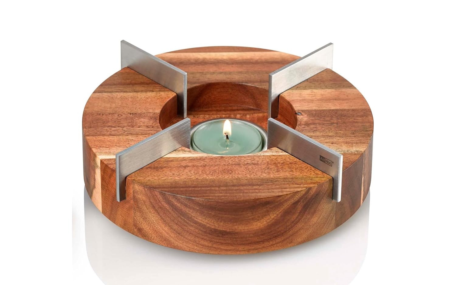 AdHoc Tuto Teapot and Food Warmer, Candle/Tealight Warmer Stand For Teapots/Pots/Bowls, Great for Buffets and Parties, Stainless Steel/Acacia Wood, (H)50mm x (D)160mm
