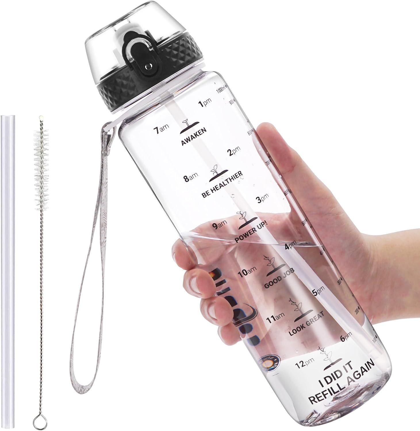 GOPPUS 1000ML/32OZ Tritan Water Bottle with Straw 1 Litre Leakproof Drink Bottle with Measurements Sport Bottles with Lockable Flip Top Motivational Bottles with Time Marks for School, Adults, Cycling