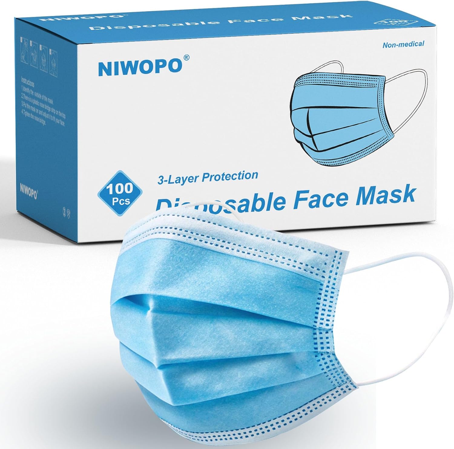 Disposable Face Masks 100 Pack, 3 Ply Breathable Filter Mask with Adjustable Nose Clip & Soft Elastic Ear Loops