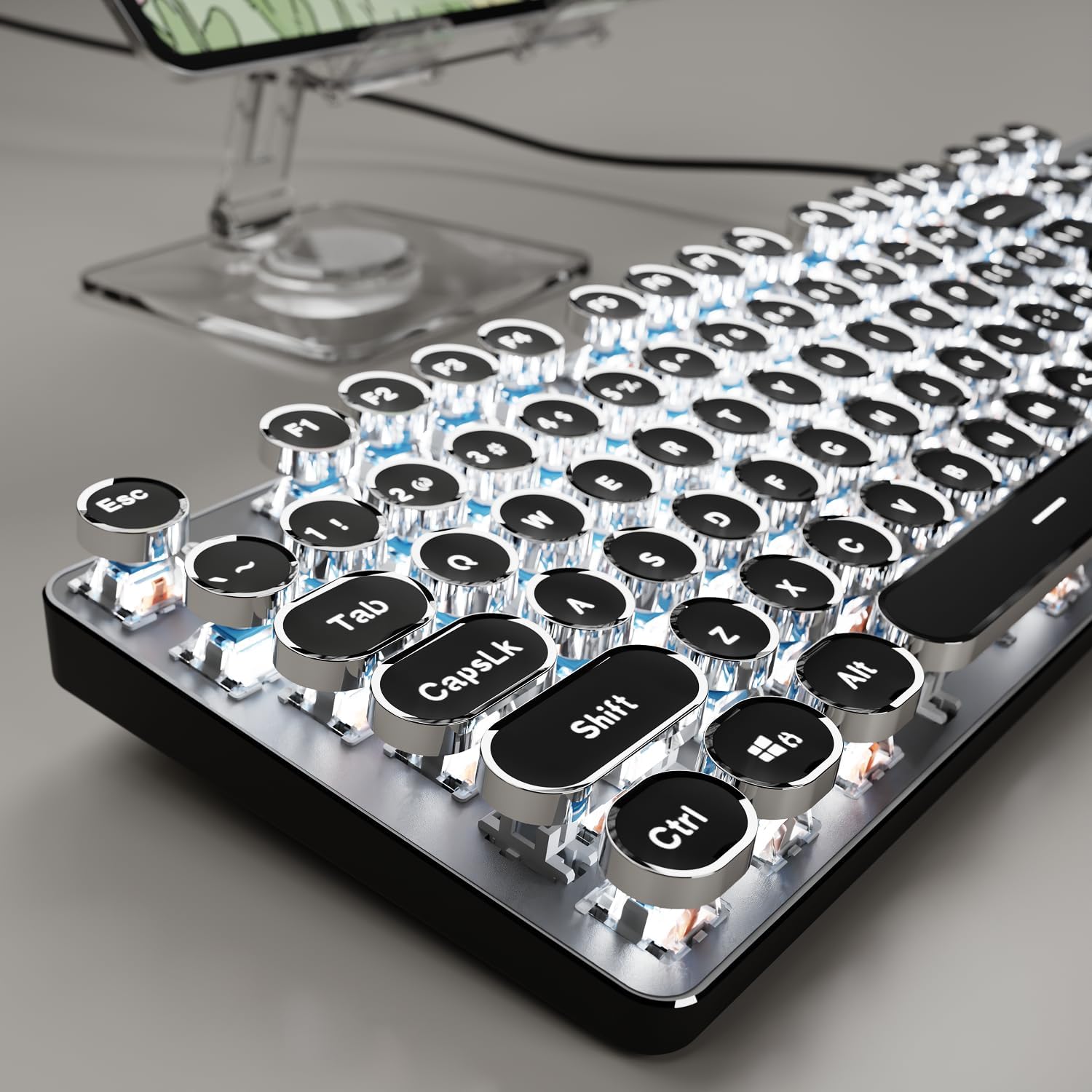 EWEADN TK100 Typewriter Keyboard Wired Mechanical Keyboard, 104 Keys Aesthetic Typewriter Keyboards with White Backlit, Anti-Ghosting, Blue Switch Wired Cute Keyboards-Black