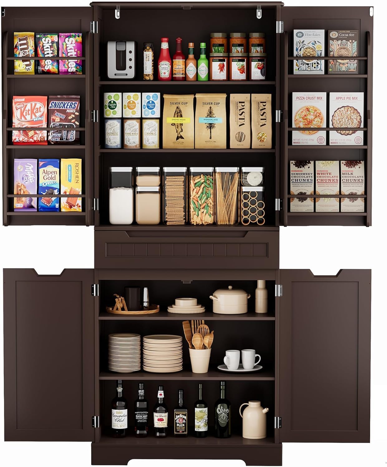 Gizoon 71" Tall Kitchen Pantry Cabinet with Doors and Shelves Large Stand Up Pantry Storage Cabinet with Drawer Large Food Cupboard for Kitchen Bathroom Craft Room, Dark Brown