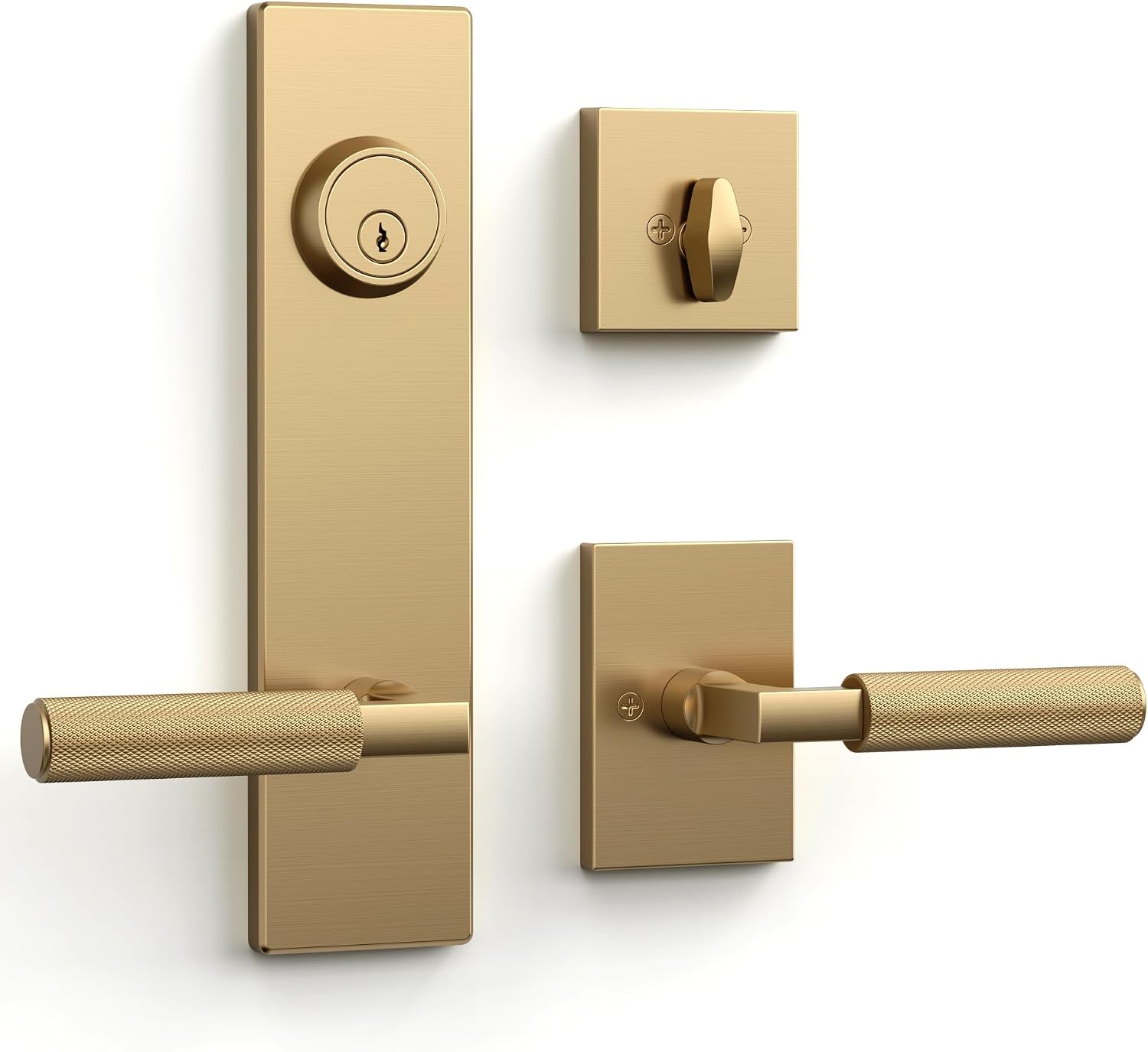 Asidrama Champagne Bronze Solid Heavy-Duty Knurled Front Door Handle Set with Deadbolt, Architectural Grade Modern Entry Door Lockset, Premium Mechanical Exterior Door Handleset, Reversible