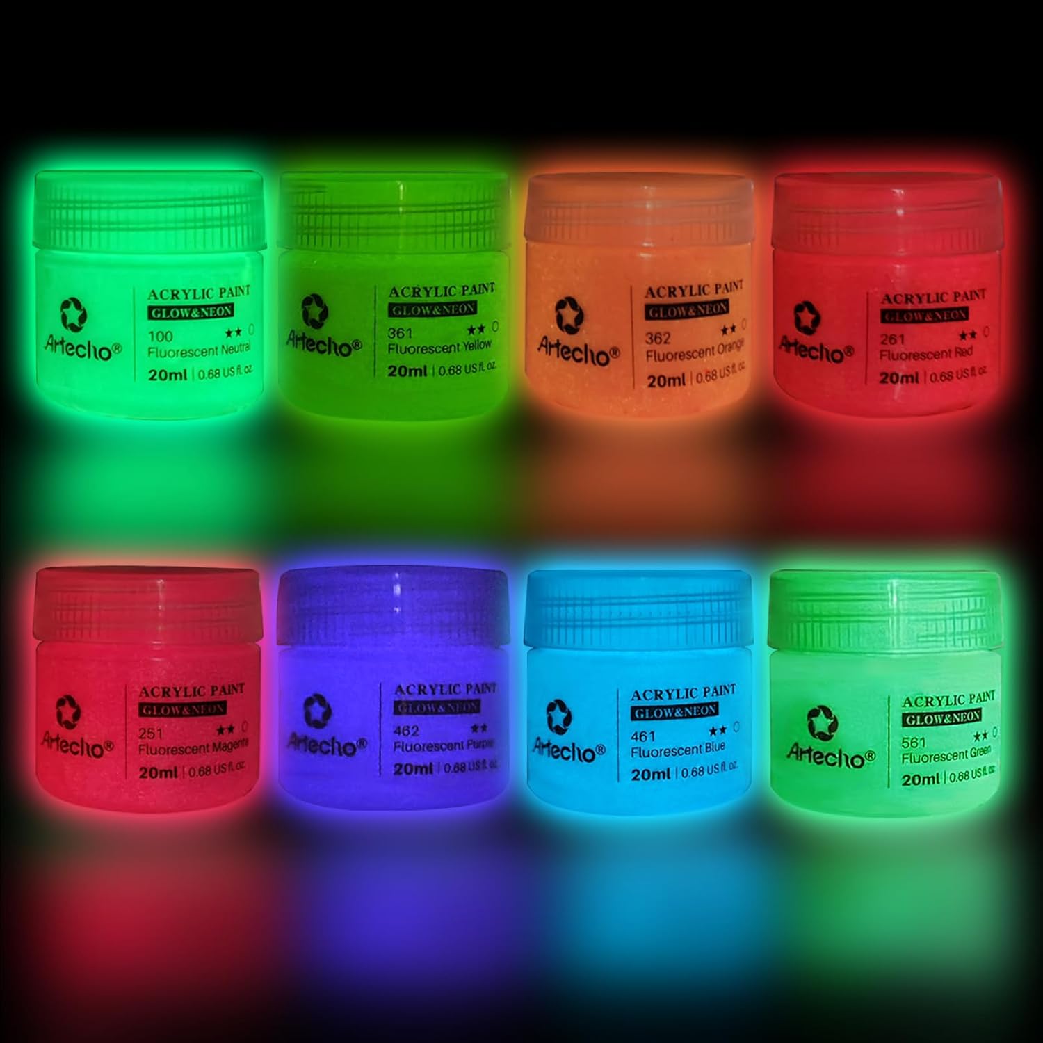 Artecho Acrylic Fluorescent Luminous Paints 8 × 20 ml, Neon in the Dark, Glow in The Dark, for Canvas, Textile, Wood, Glass, Stones.