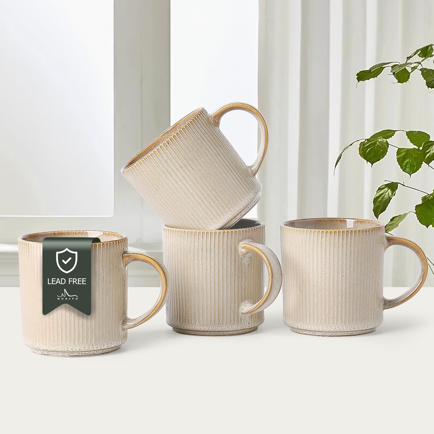 MONITO 16Oz Coffee Mugs Set of 4, Rustic Ceramic Coffee Cups Set with Large Handle, Vintage Striped Stoneware Coffee Mugs for Latte, Cocoa, Tea, Milk, Microwave & Dishwasher Safe, Bonbon Beige