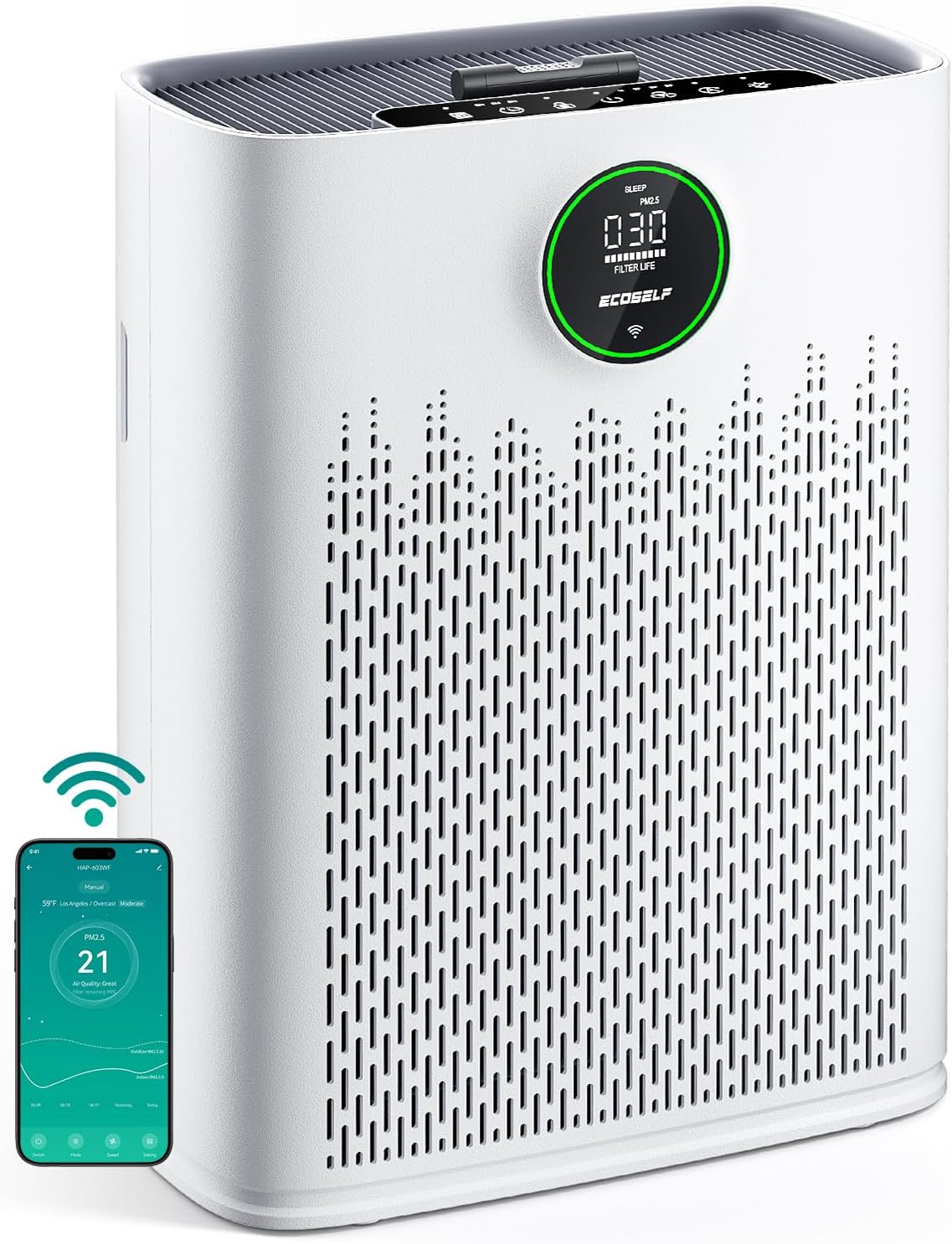 Smart Air Purifier for Home Large Rooms, with WiFi Control, Smart Mode, AQI Display, 22dB Sleep Mode & Aromatherapy, Covers Up to 2200 Ft² with 2X-Power Filtration, HAP603WF, Bright White