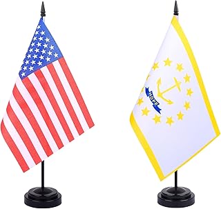 WXTWK 2 Pack USA Rhode Island Flag Rhode Island State Desk Flag Set - Mini Small Rhode Island Table Office Flags with Black 12" Solid Pole Stand Base Classroom Meeting Desktop Decorations