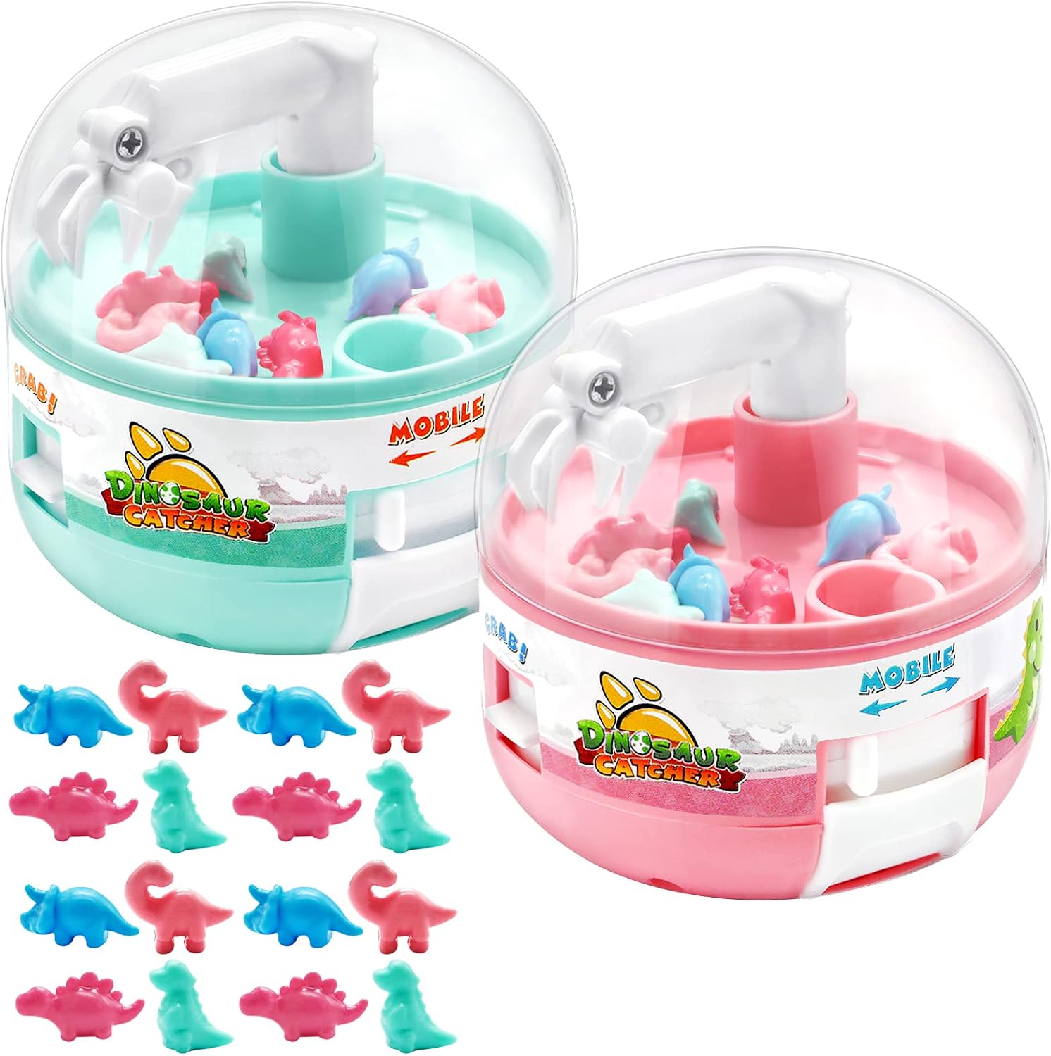 Uooker Mini Claw Arcade Machine, 2 Pcs Mini Dinosaur Toy Grabber Machine for Kids, Manual Portable Grabber Animals Prize Dispenser Vending Machine Toy for Boys Girls Christmas Birthday Party Gifts