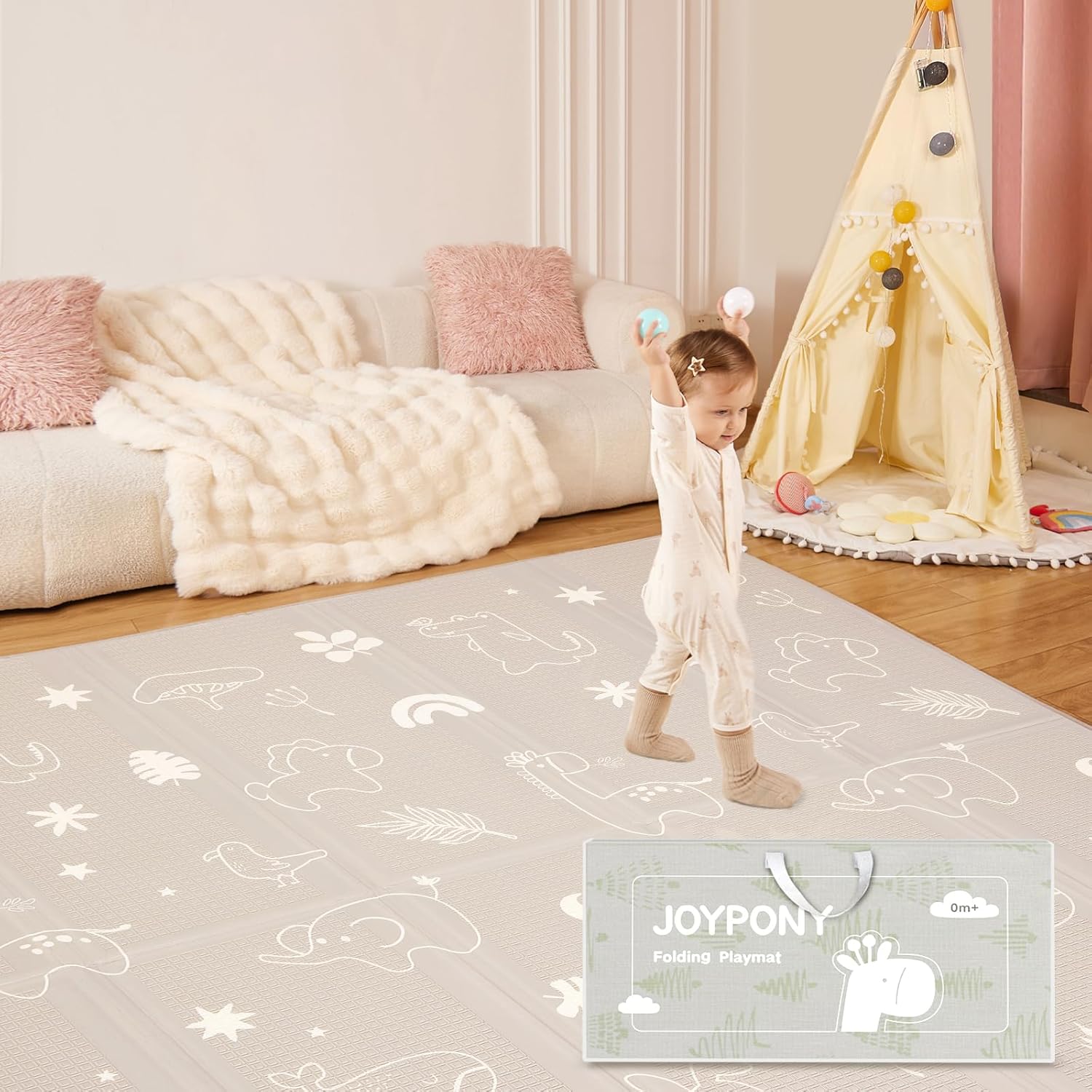 Joypony Play Mat, 47x47 Inch Foldable Baby Play Mats for Babies and Toddlers, Waterproof & Anti-Slip Portable Baby Floor Mat, Baby Mat for Floor with Travel Bag